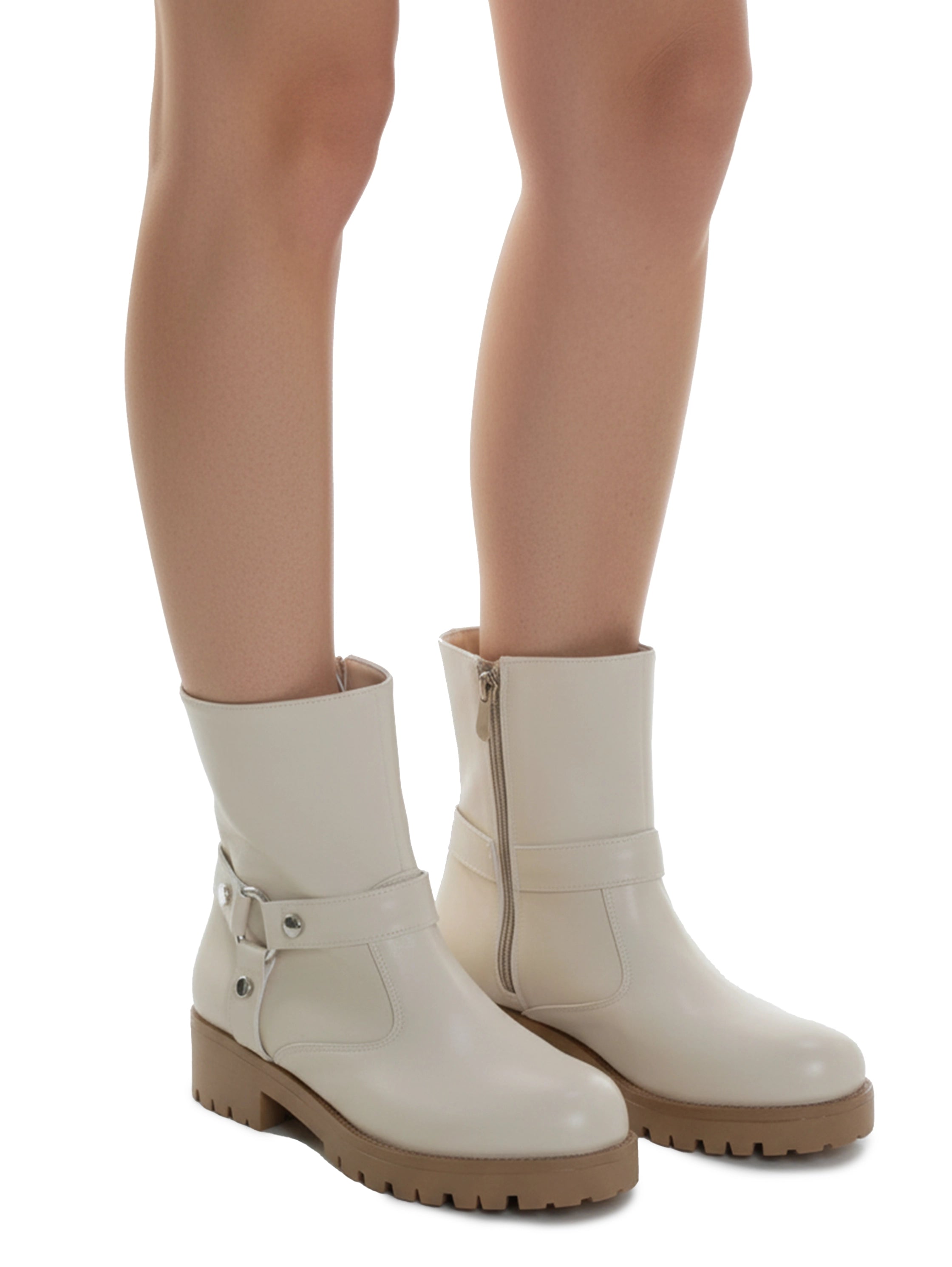 Beige Lace-Up Ankle Boot With Side Zipper