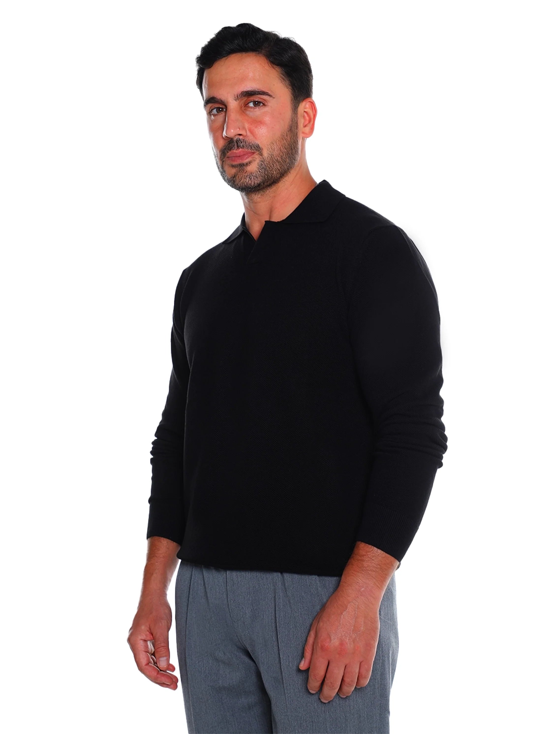 Simple Black Pullover With Polo Collar