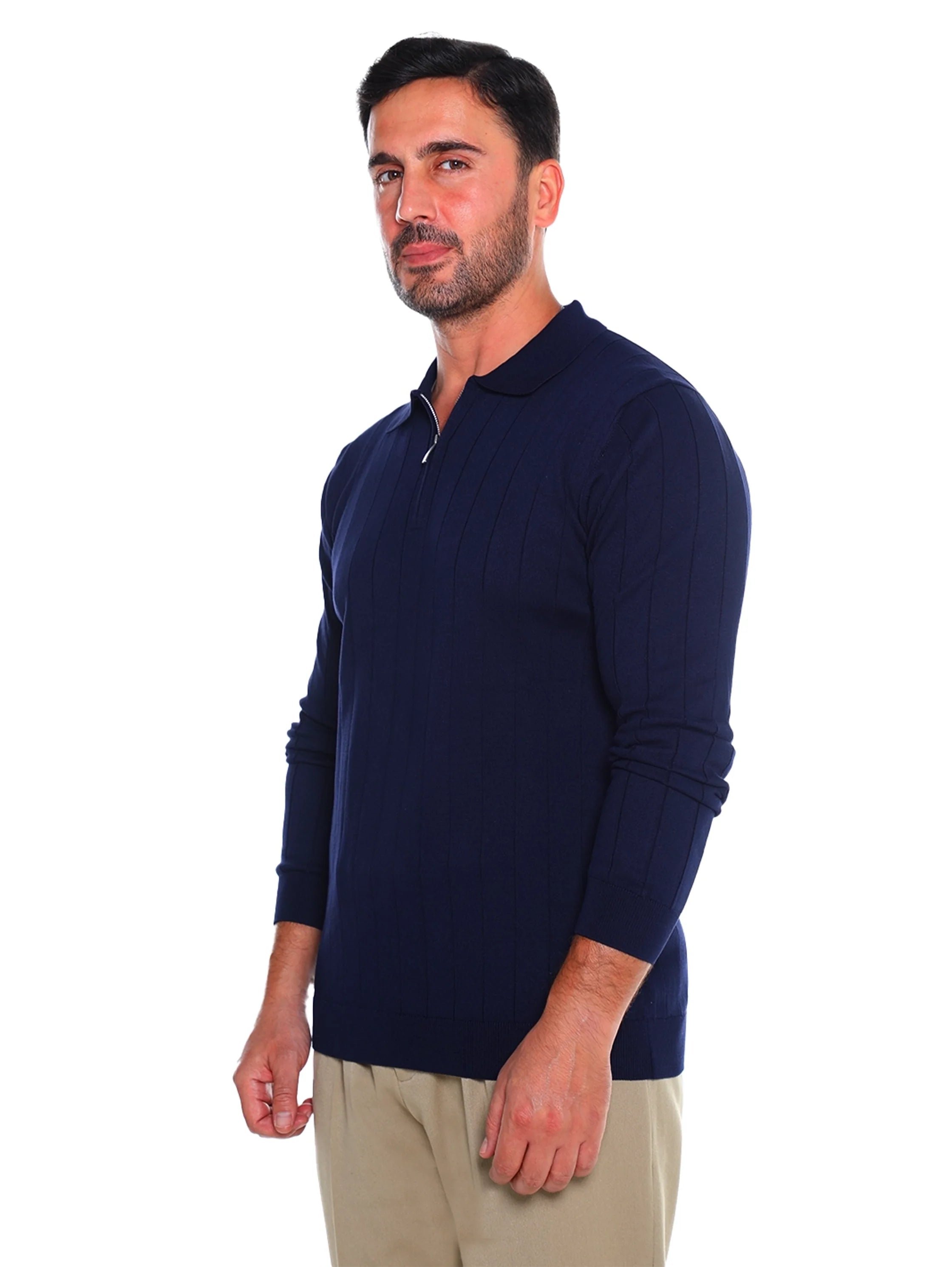Long Sleeved Navy Pullover With Small Zipper To Close