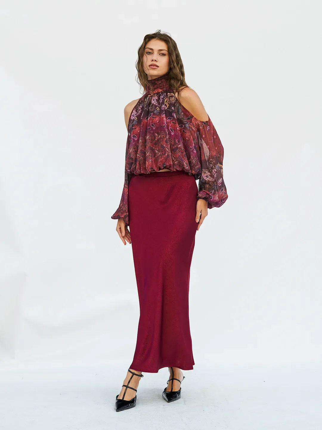 Lefon Off-The-Shoulder Elastic Waist Bordo Top