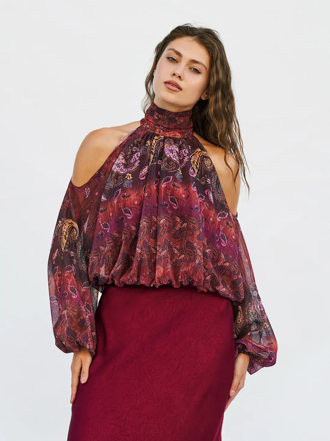 Lefon Off-The-Shoulder Elastic Waist Bordo Top