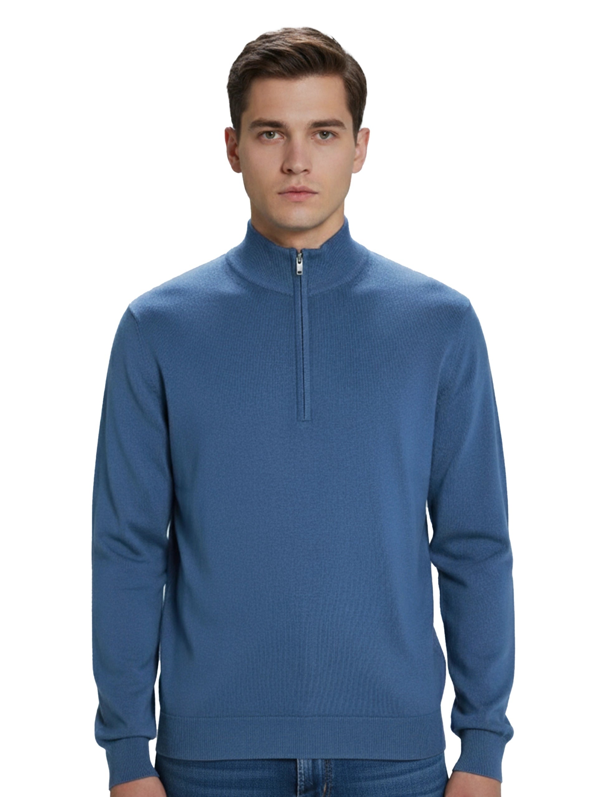 Stand Up Collar Indigo Pullover With Half Zipper To Close