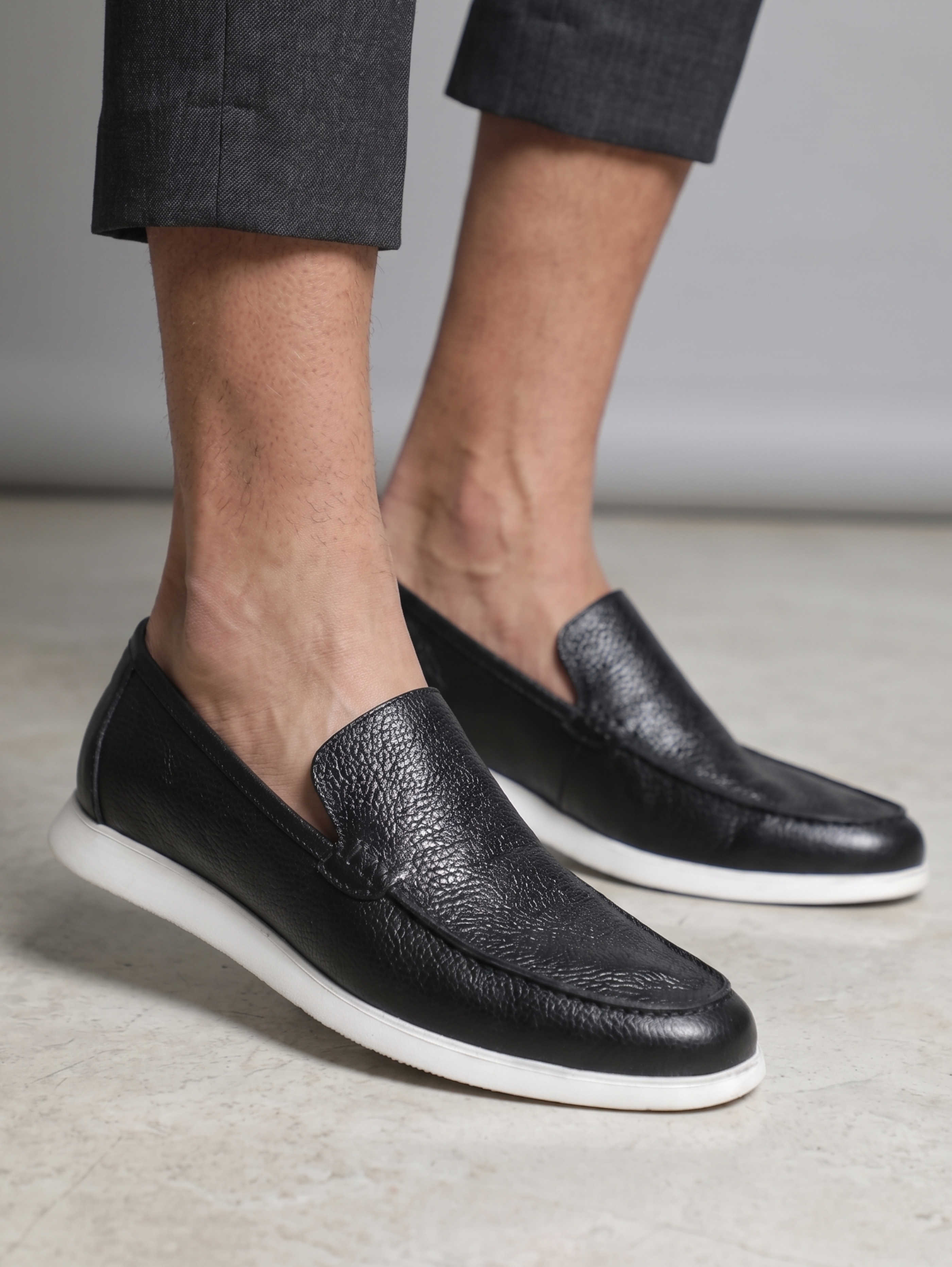 Black Leather Slip-On Casual Shoes With White Sole