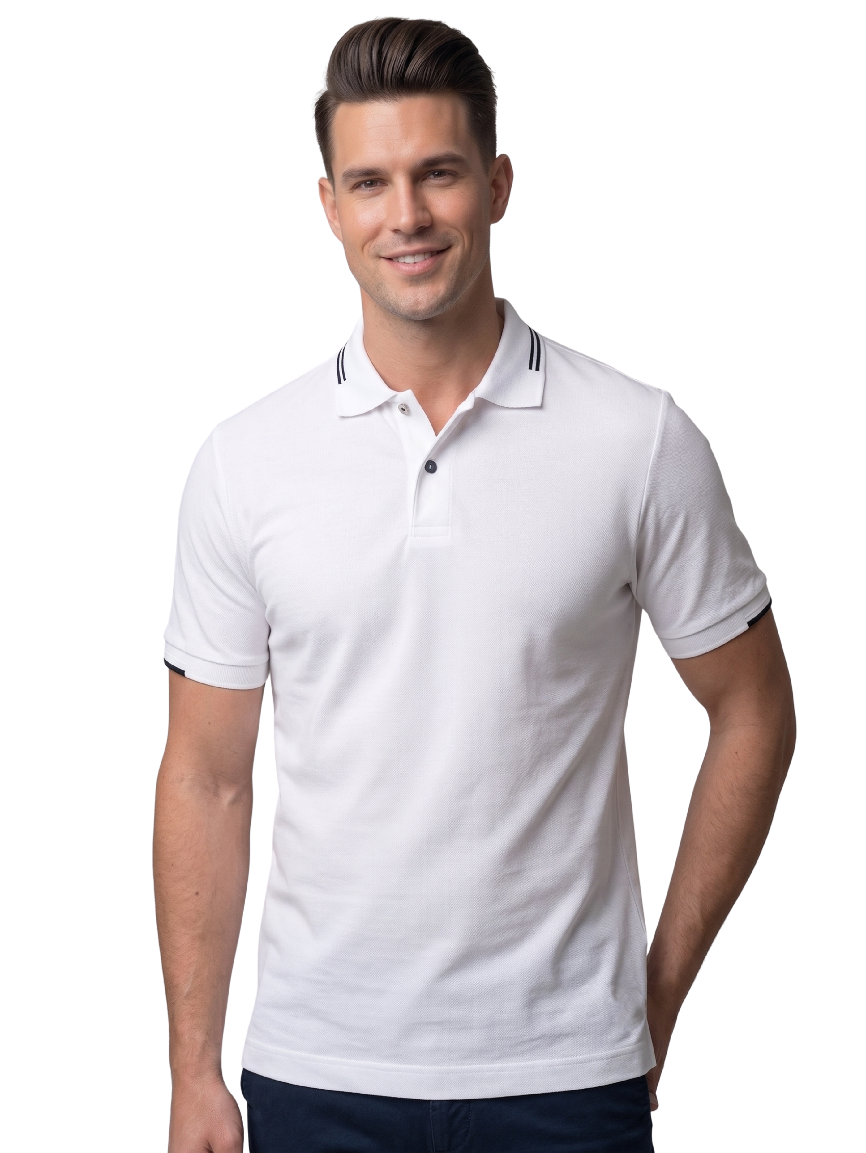 Xint White Casual Polo with Double Stripe Tipping on the Collar