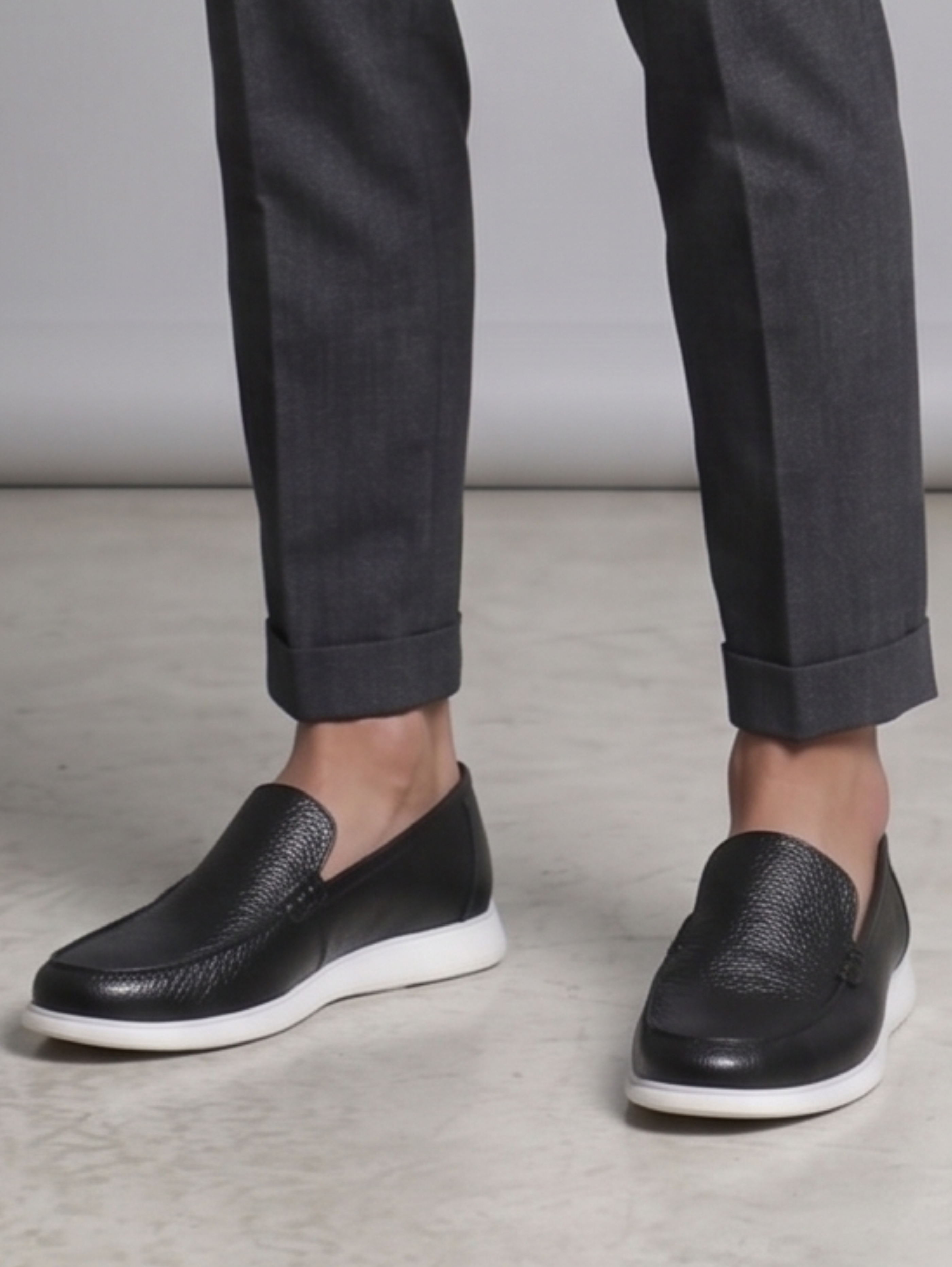 Black Leather Slip-On Casual Shoes With White Sole
