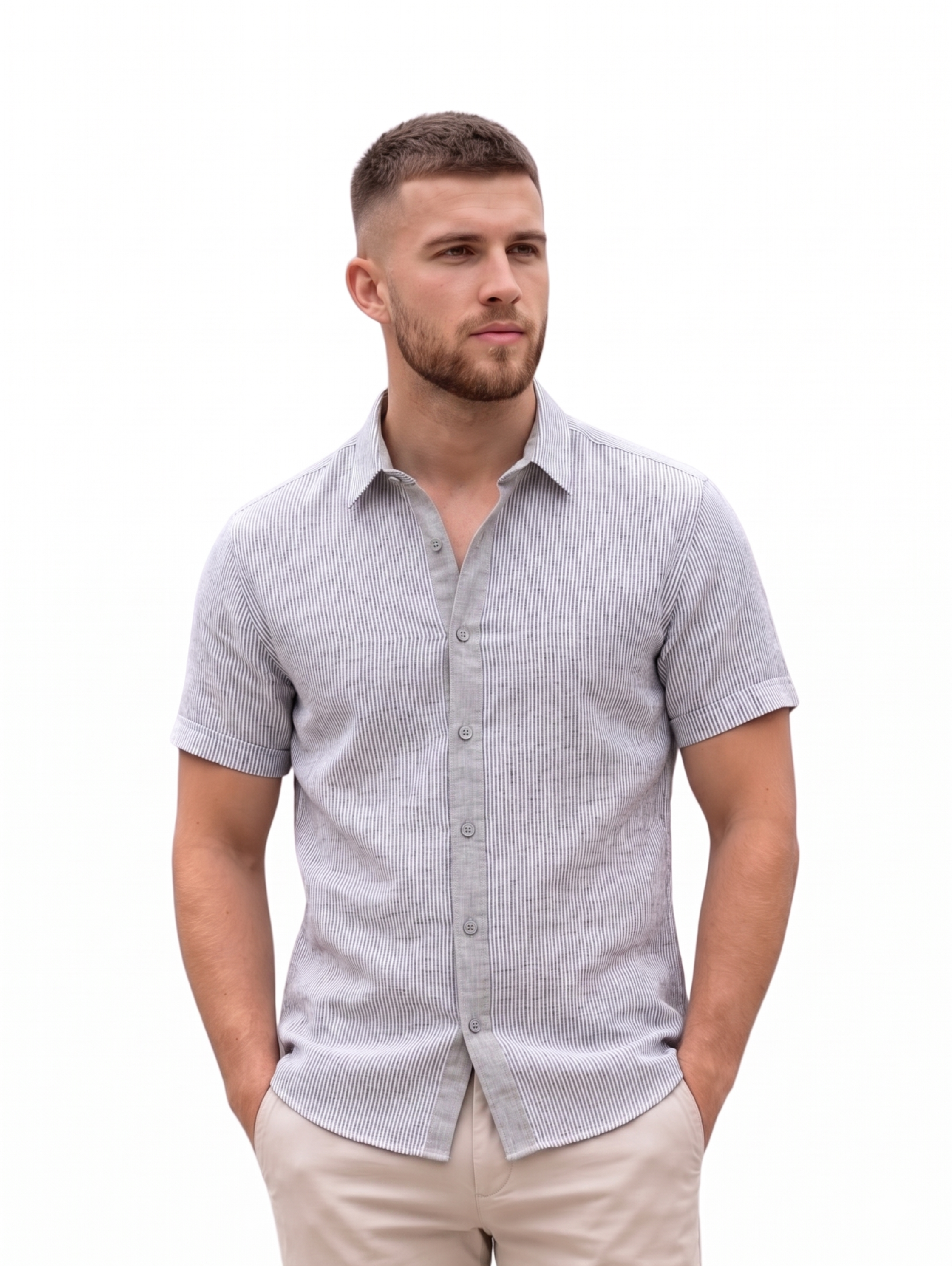 Black Short Sleeved Linen Shirt With White Striped Design
