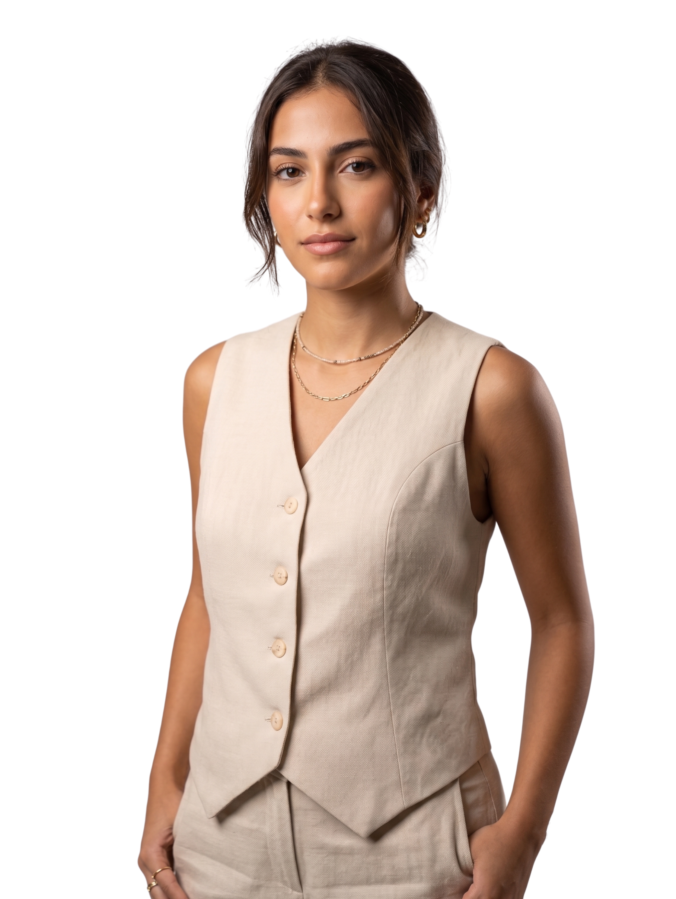 Beige Sleeveless Vest With Front Button Down