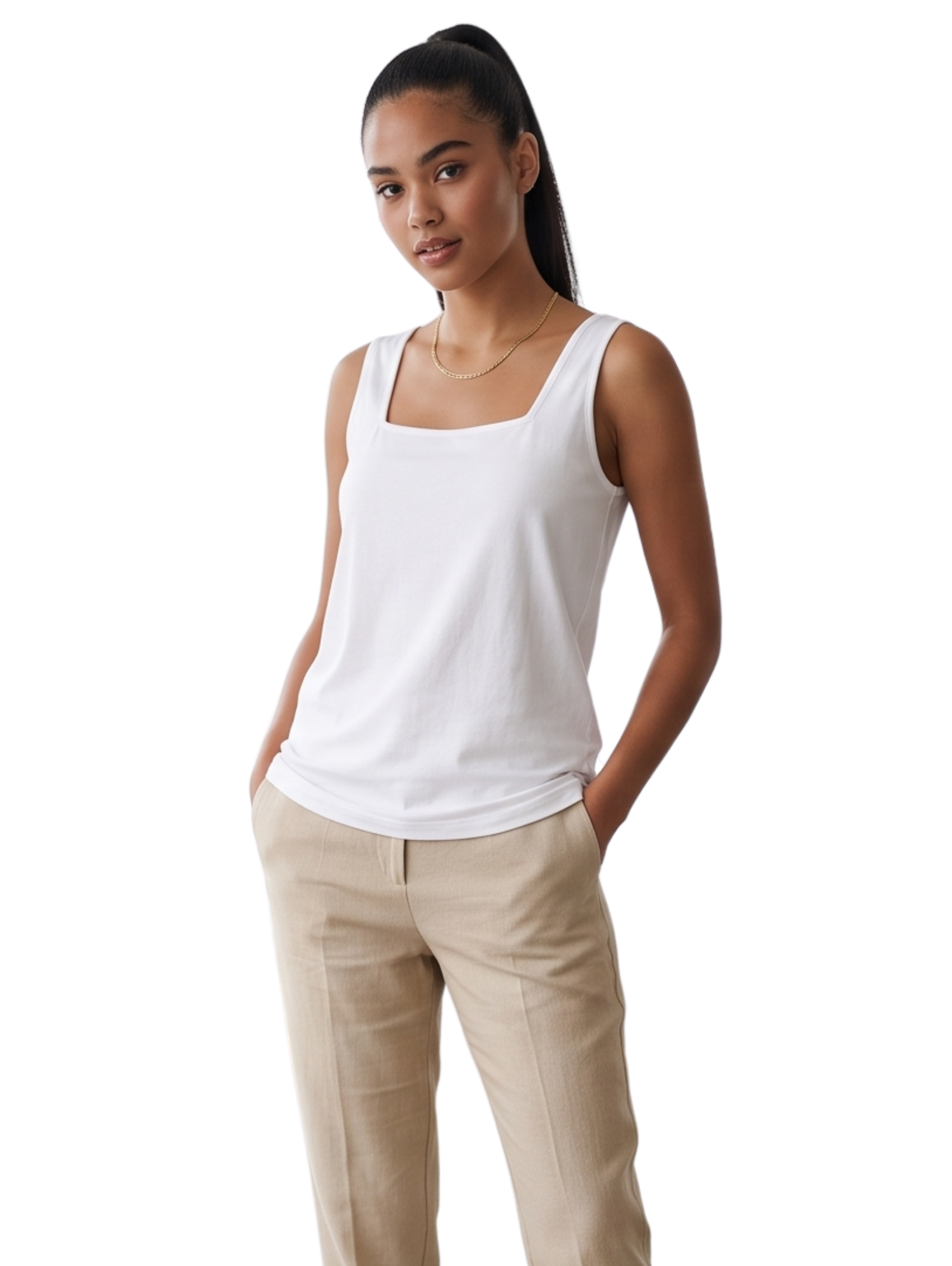 White Sleeveless Square Neck Basic