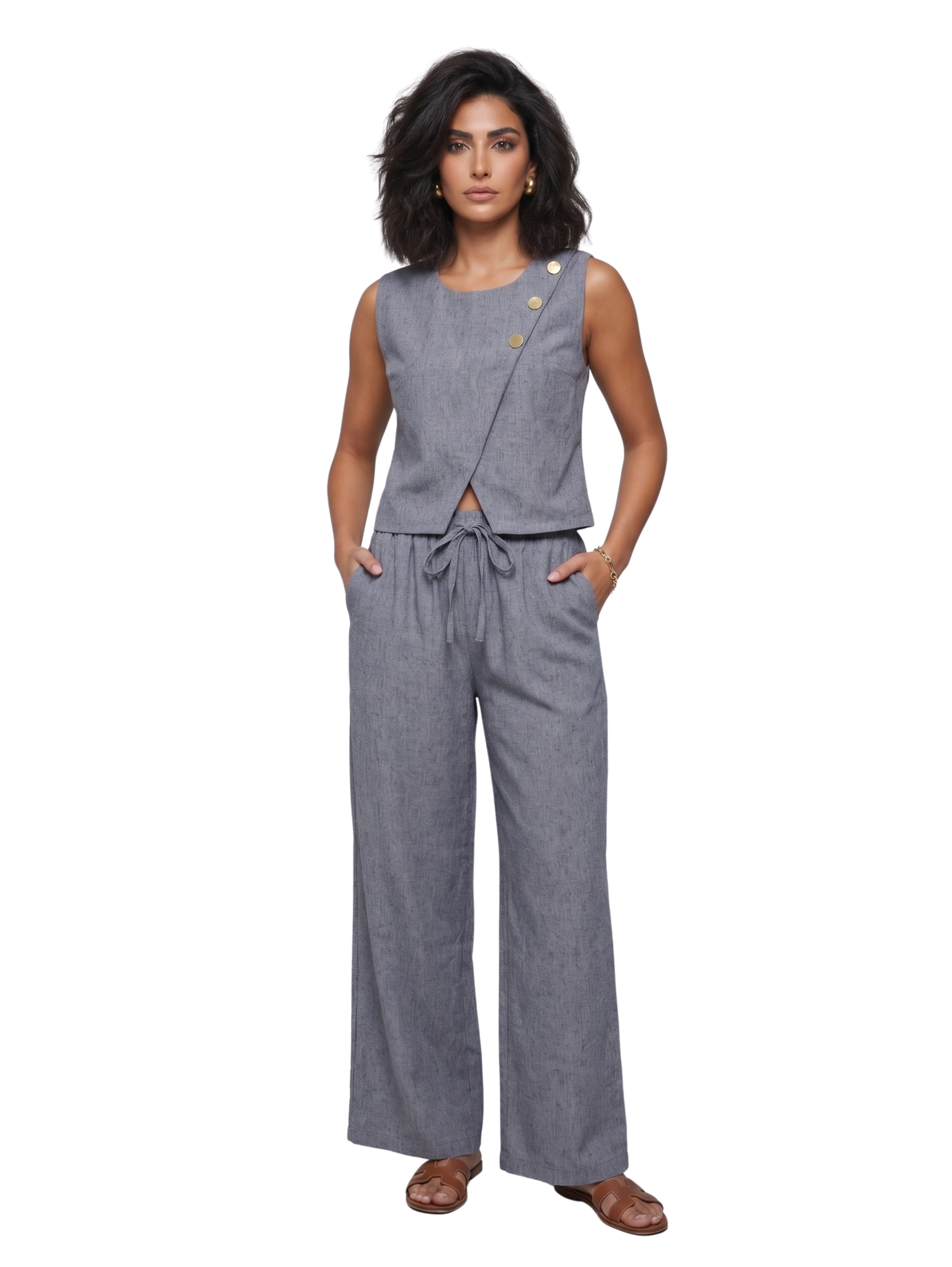 Dark Grey Sleeveless Linen Pants Set