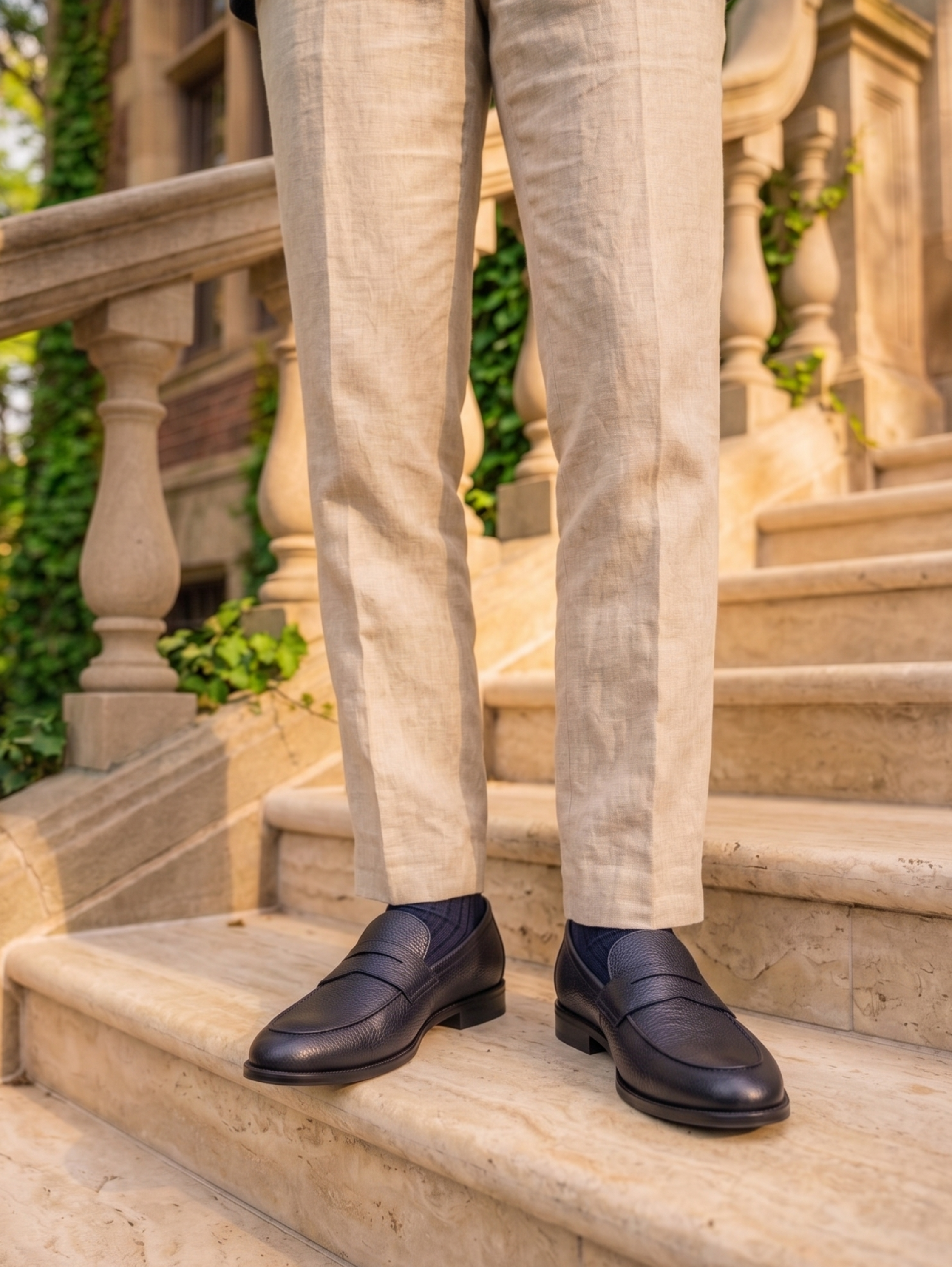 Navy Classic Pebbled Leather Penny Loafers