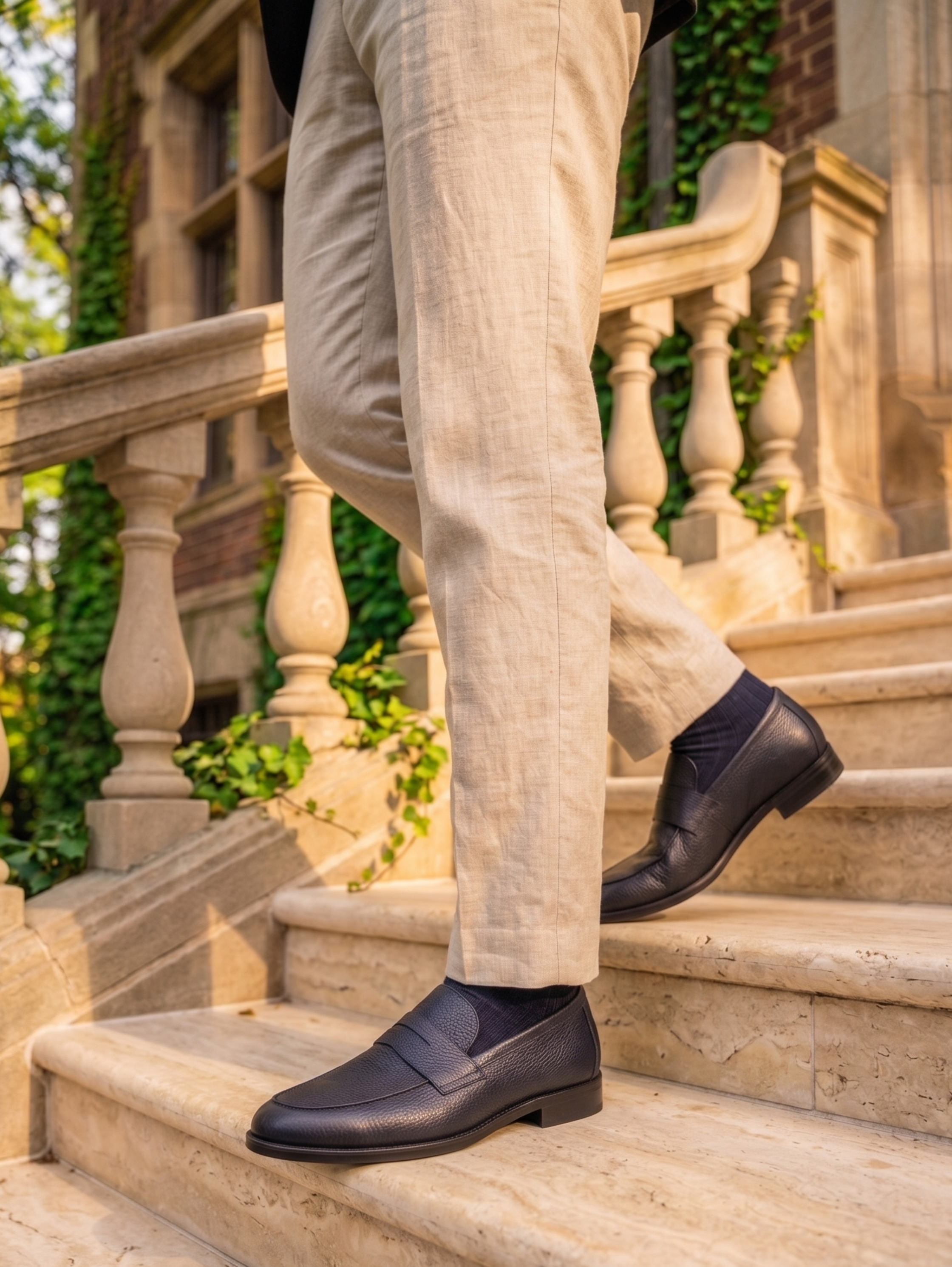 Navy Classic Pebbled Leather Penny Loafers