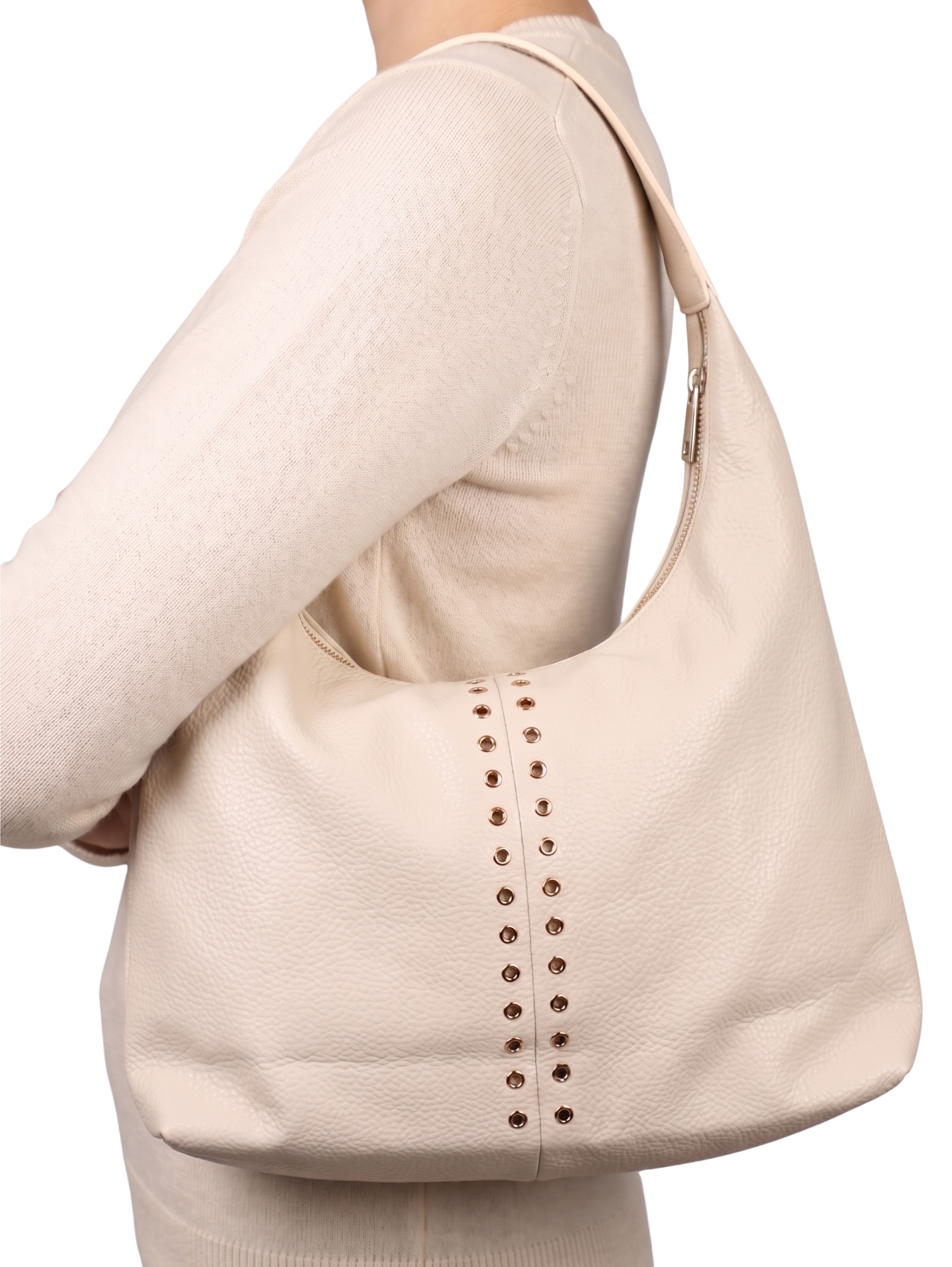 Light Beige Slouchy Leather Shoulder Bag With Silver Stud Details