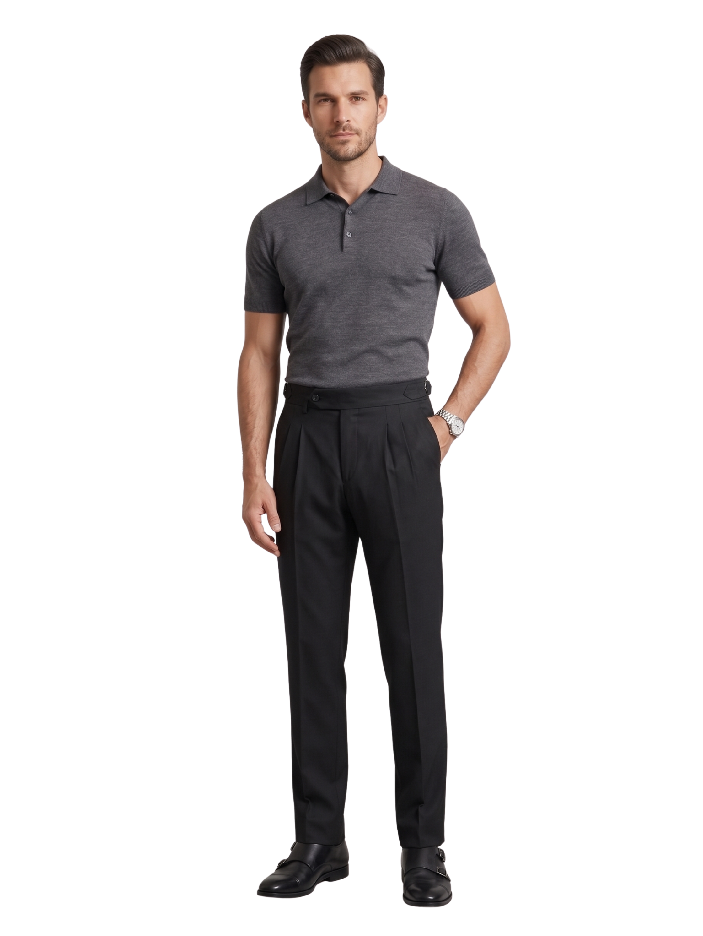 Black High Waistband Pants With A Buttoned Tab Closure & Side Buckles