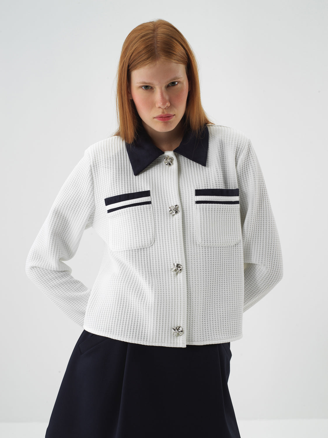 Xint White Modern Plaid Regular Fit Jacket