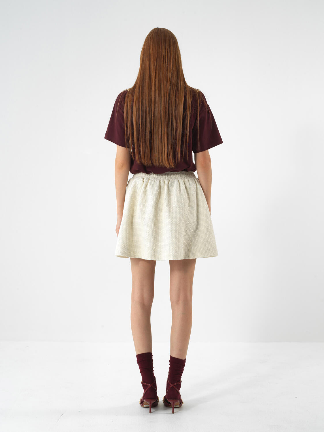 Xint Burgundy Cotton Textured Oversized T-shirt