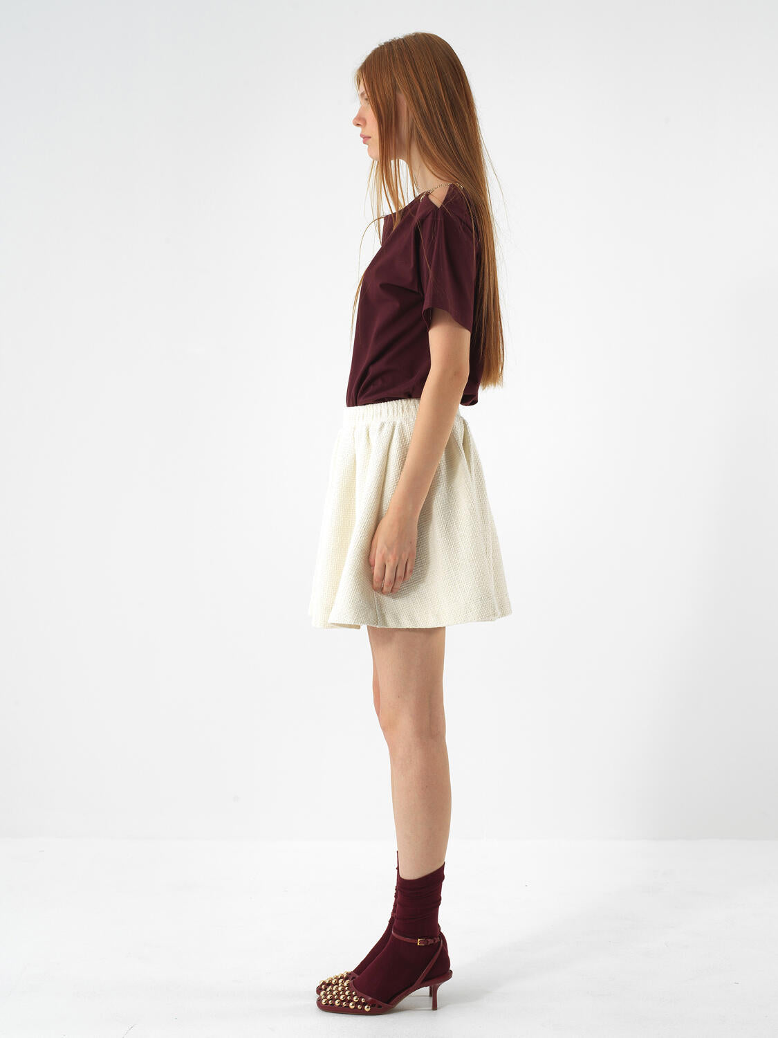 Xint Burgundy Cotton Textured Oversized T-shirt