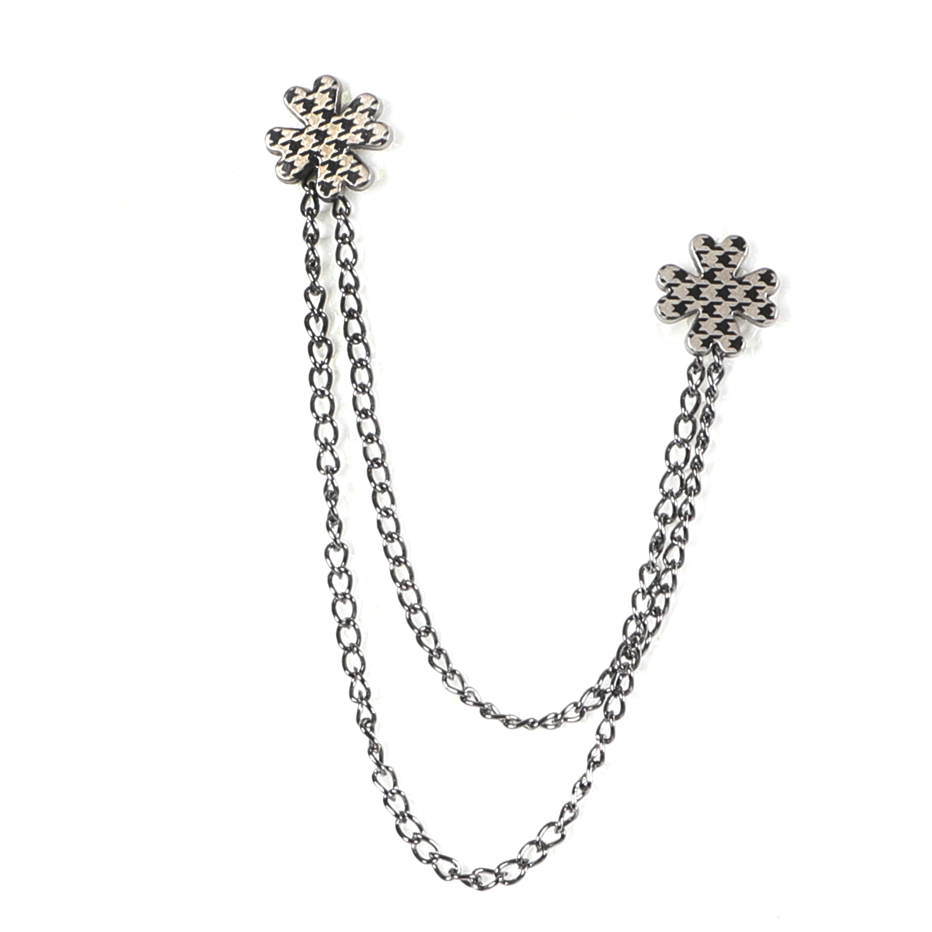 Silver Chained Pin With Designed Flowers
