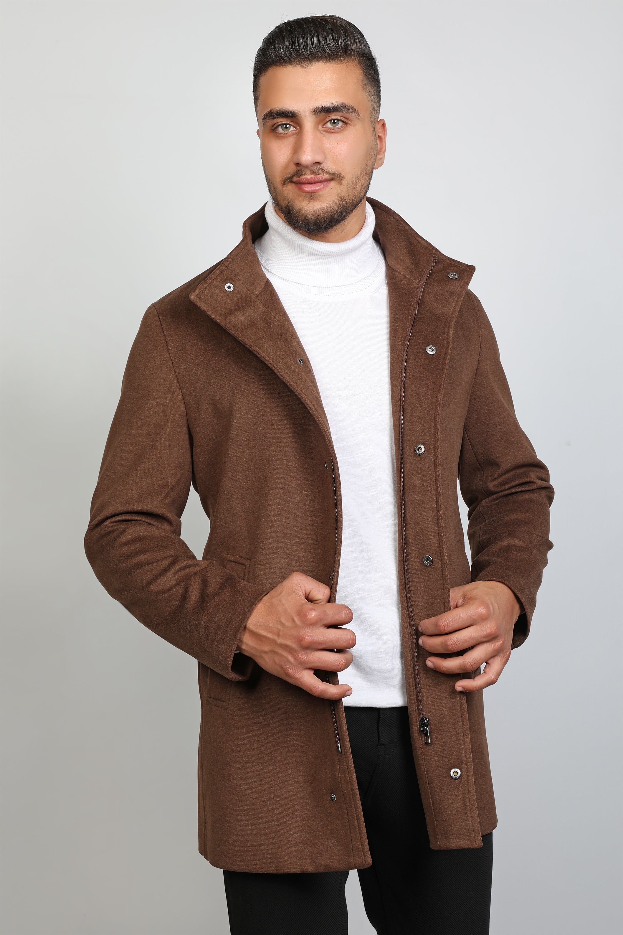 Men Up-Collar Camel Coat