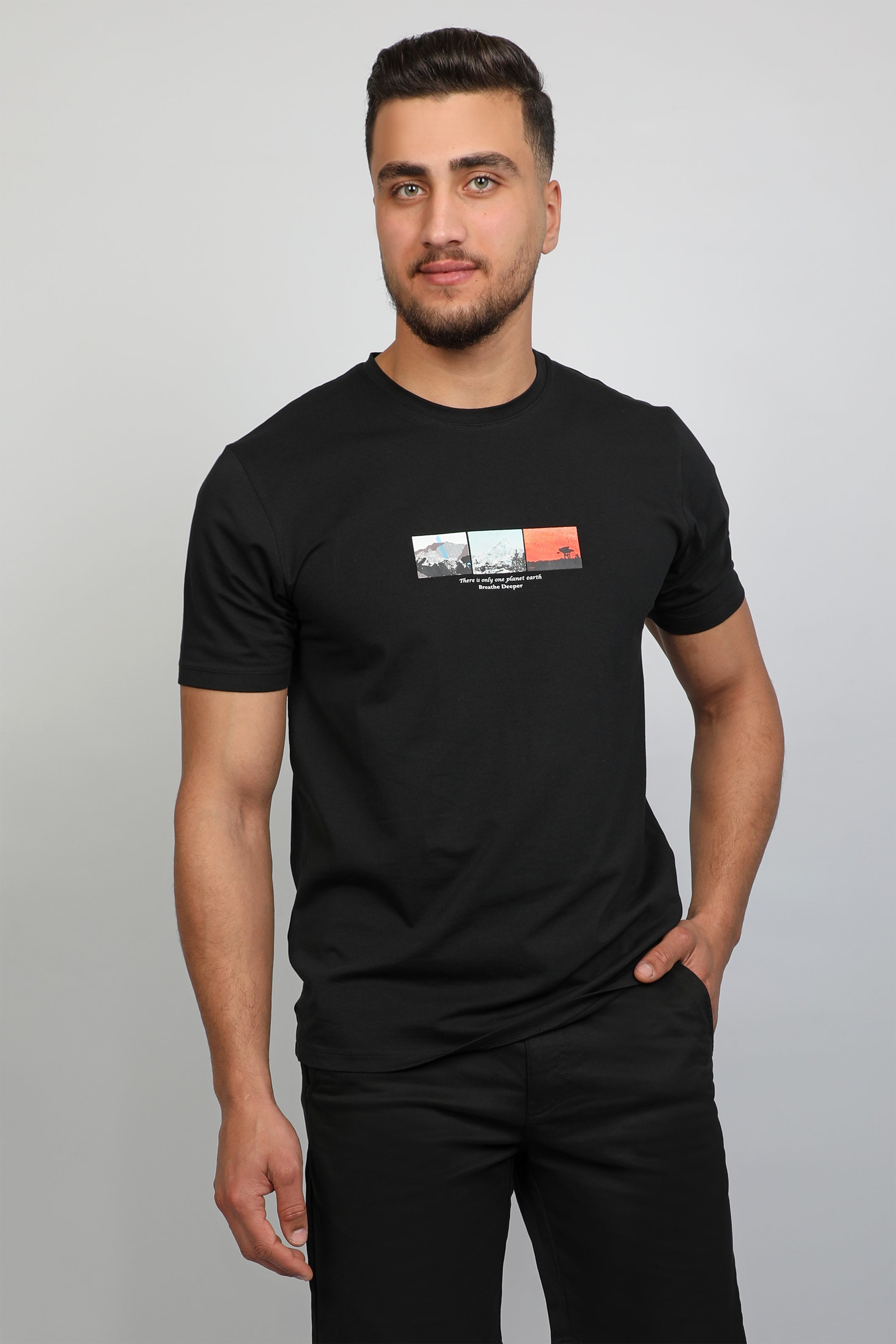 Men Black T-shirt With Printed Front Design