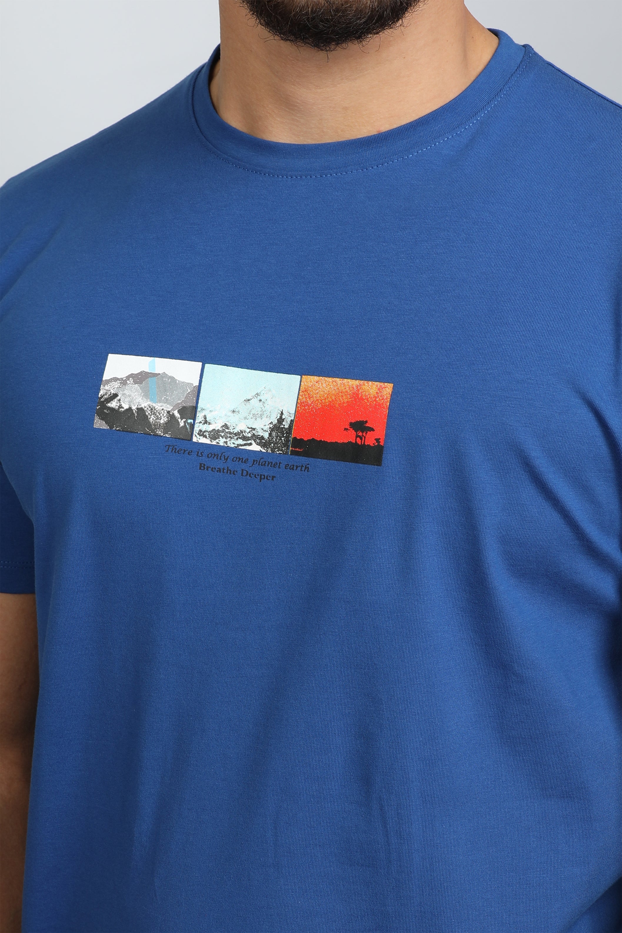 Men Blue T-shirt With Printed Front Design