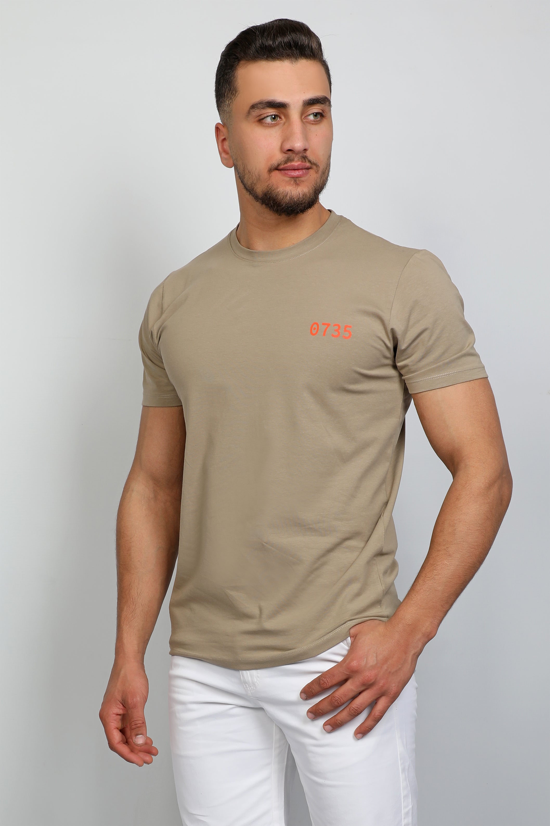 Light Khaki T-shirt With Number Front Design And Back Logo