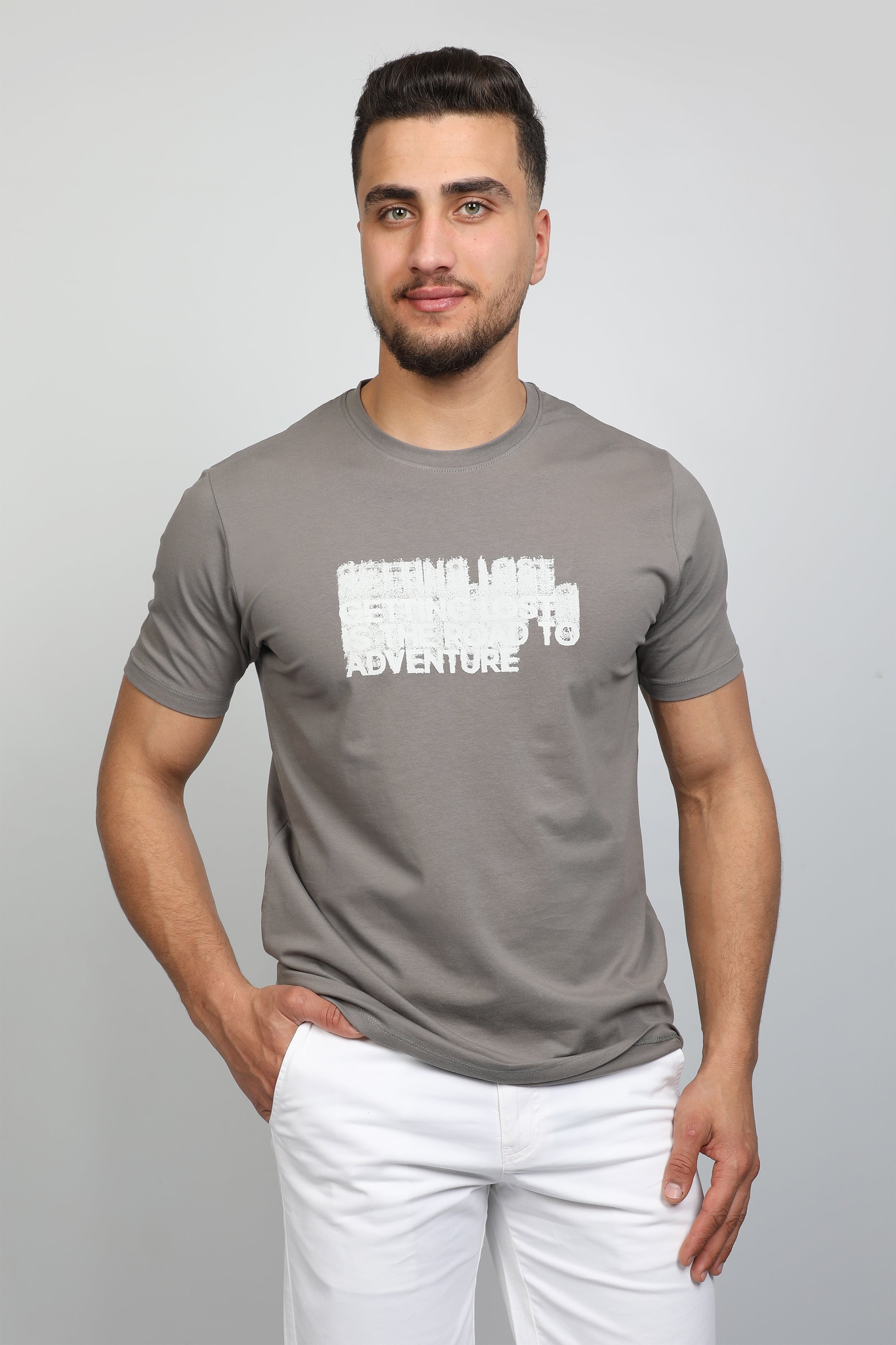Men Light Grey T-shirt With Adventur Front Design