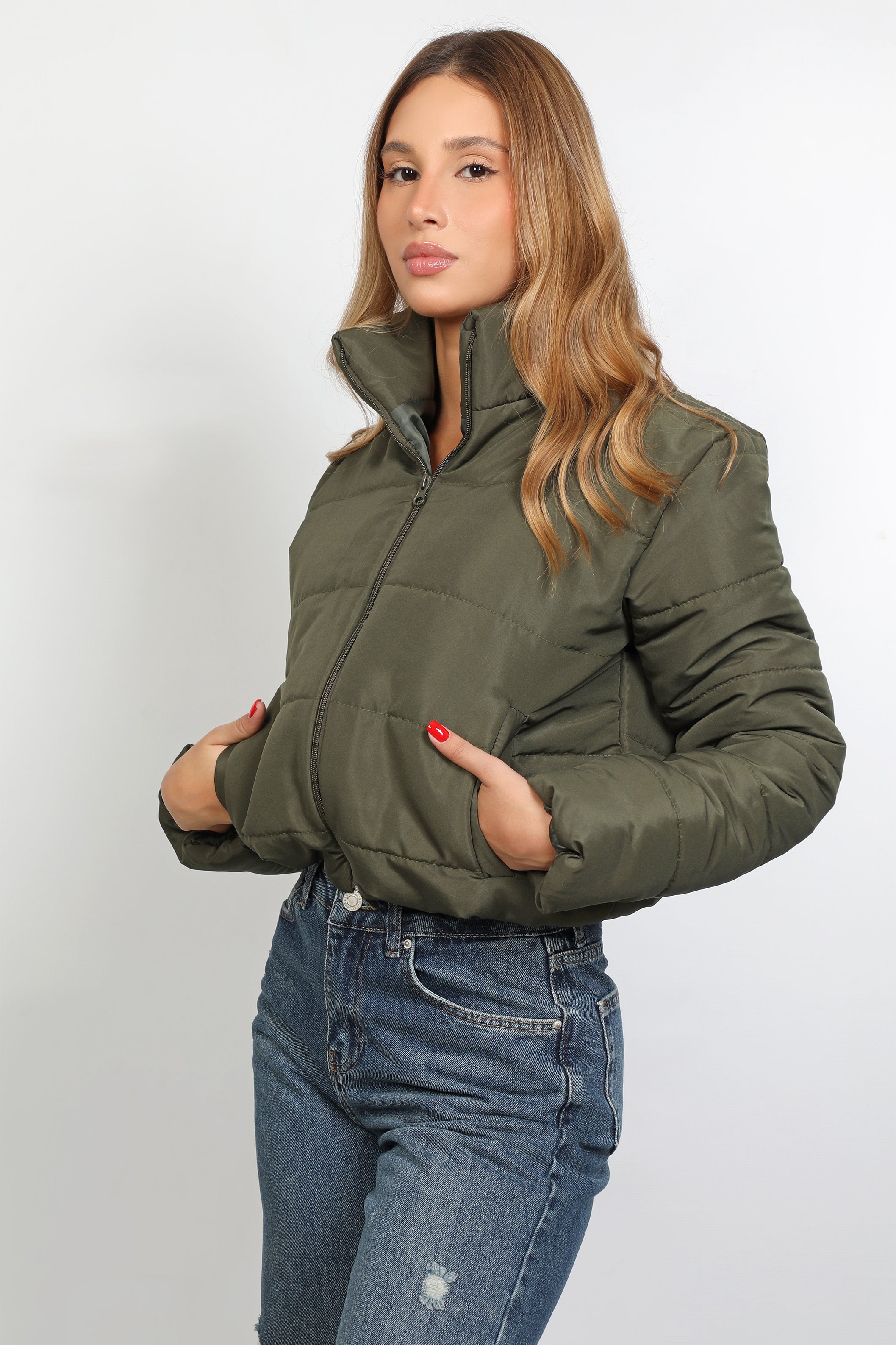 Women Up-Collar Military Puffer Jacket