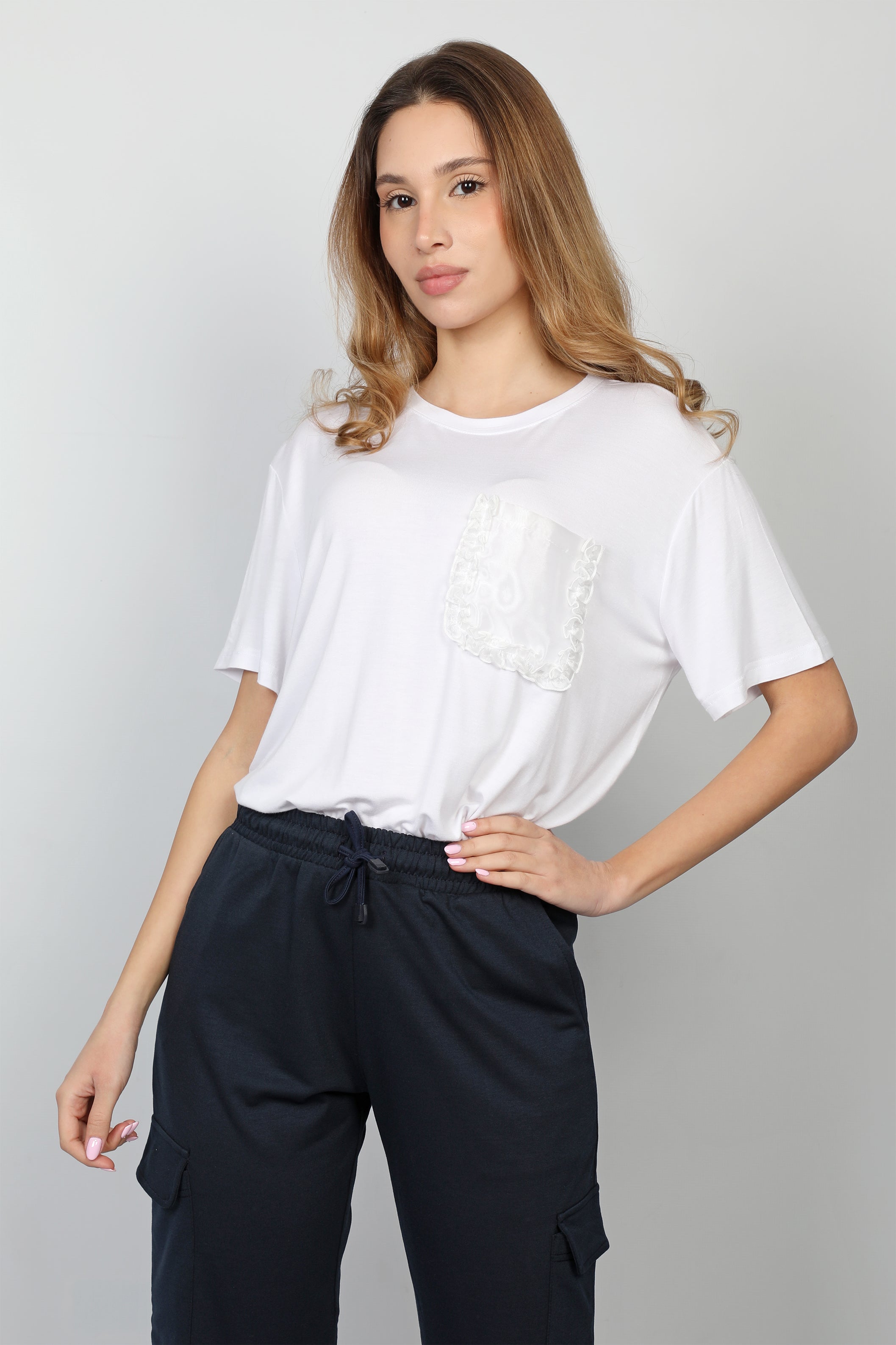 Women Side Pocket White T-shirt