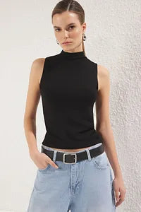 Trendyol Stand-Up Collar Black Stretchy Blouse