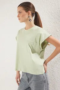 Trendyol Mint Cotton T-shirt With Pocket Attached Style