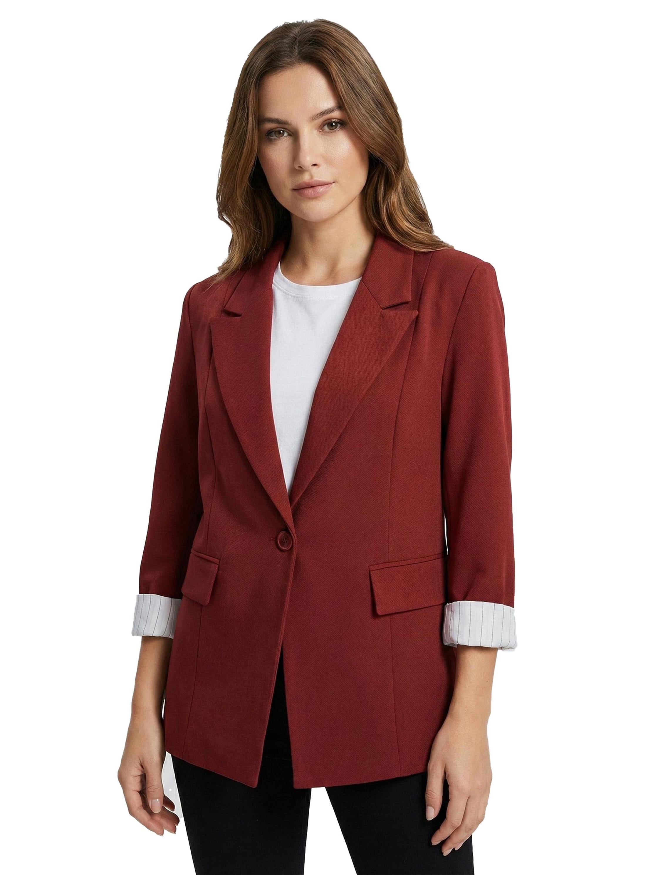Wine 3/4 Sleeve Blazer With Patch Pockets