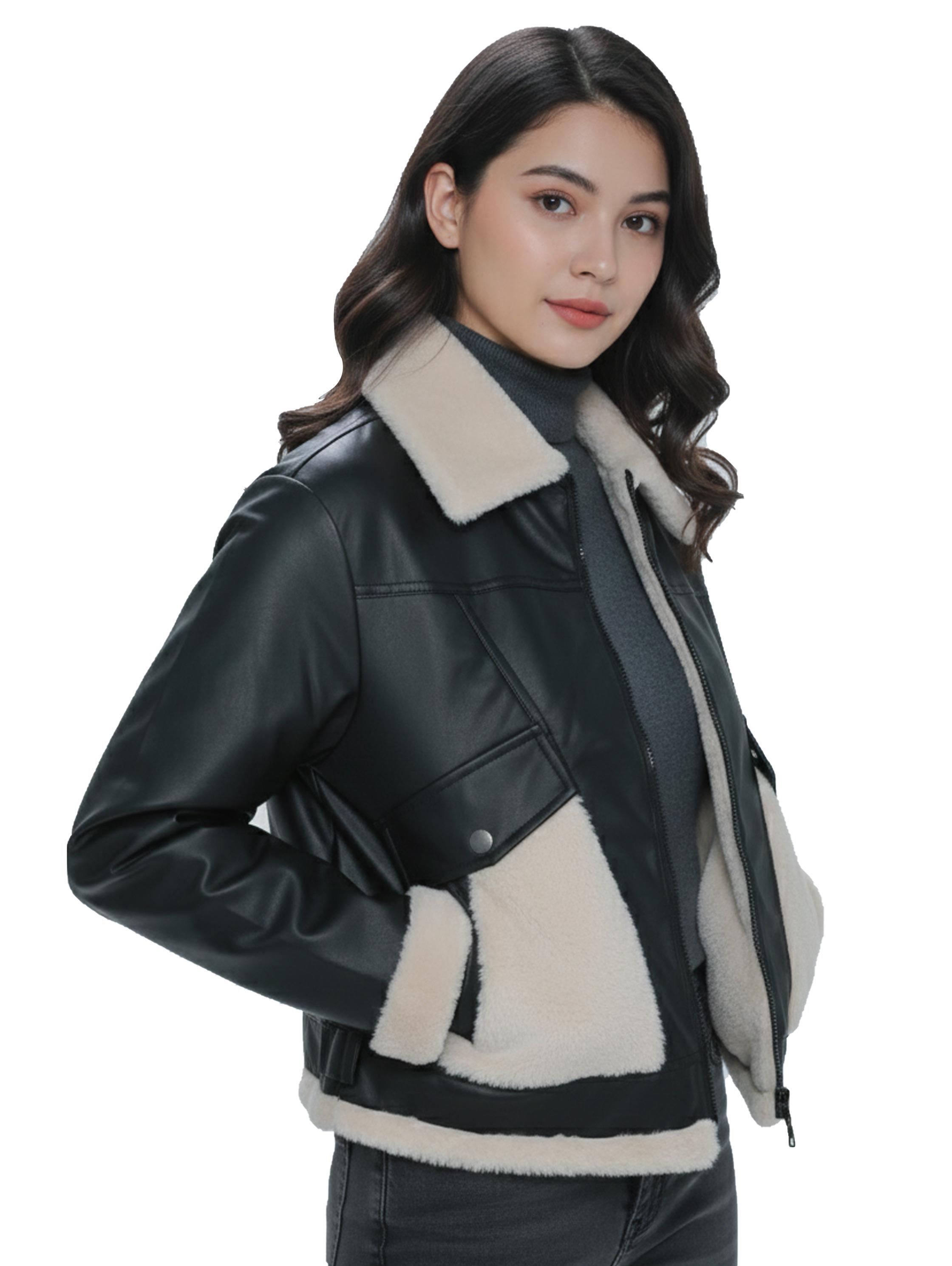Black Leather Jacket With white Fure Design