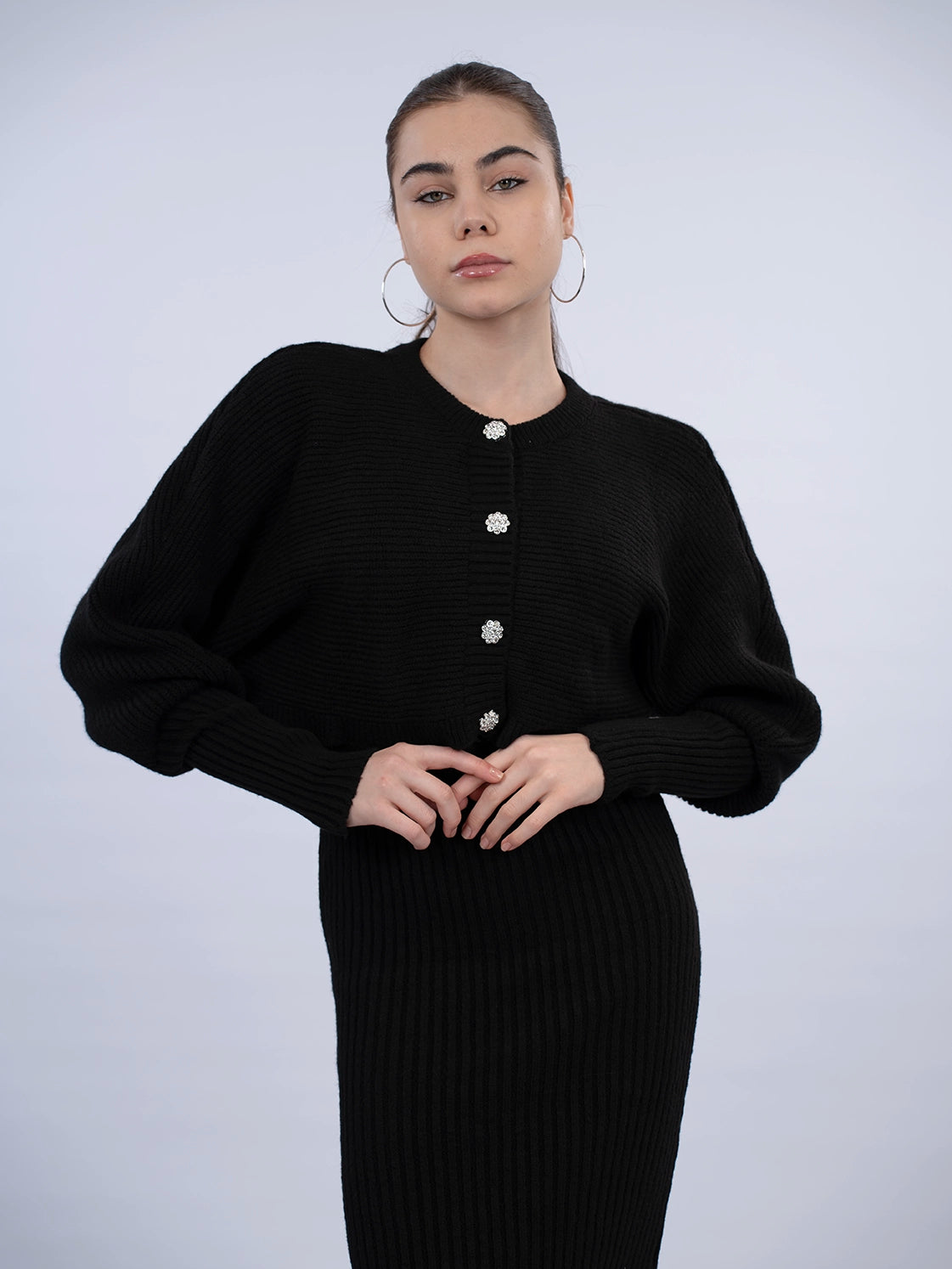 Black Dress With Cardigan Knit Wear Set