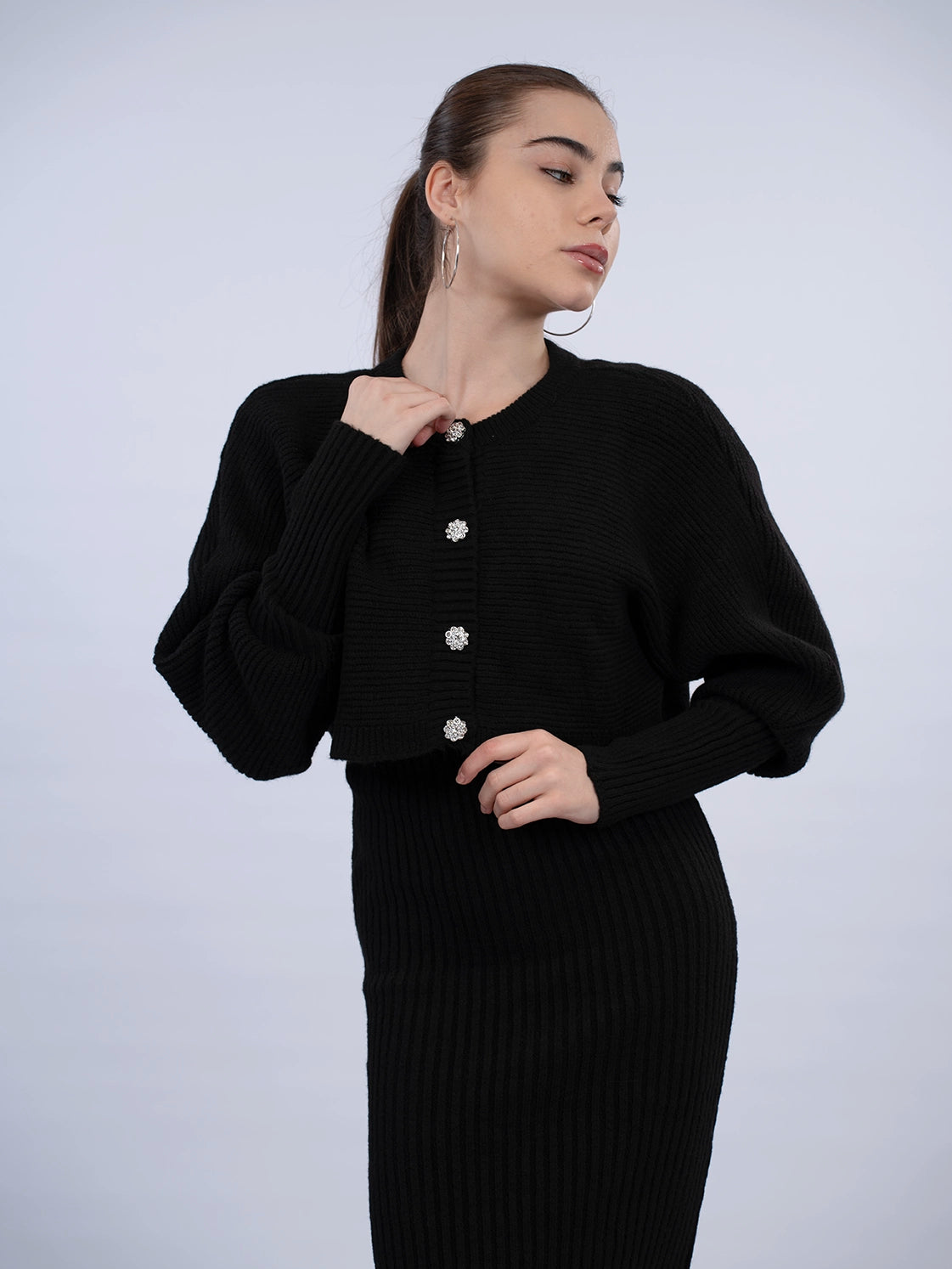 Black Dress With Cardigan Knit Wear Set