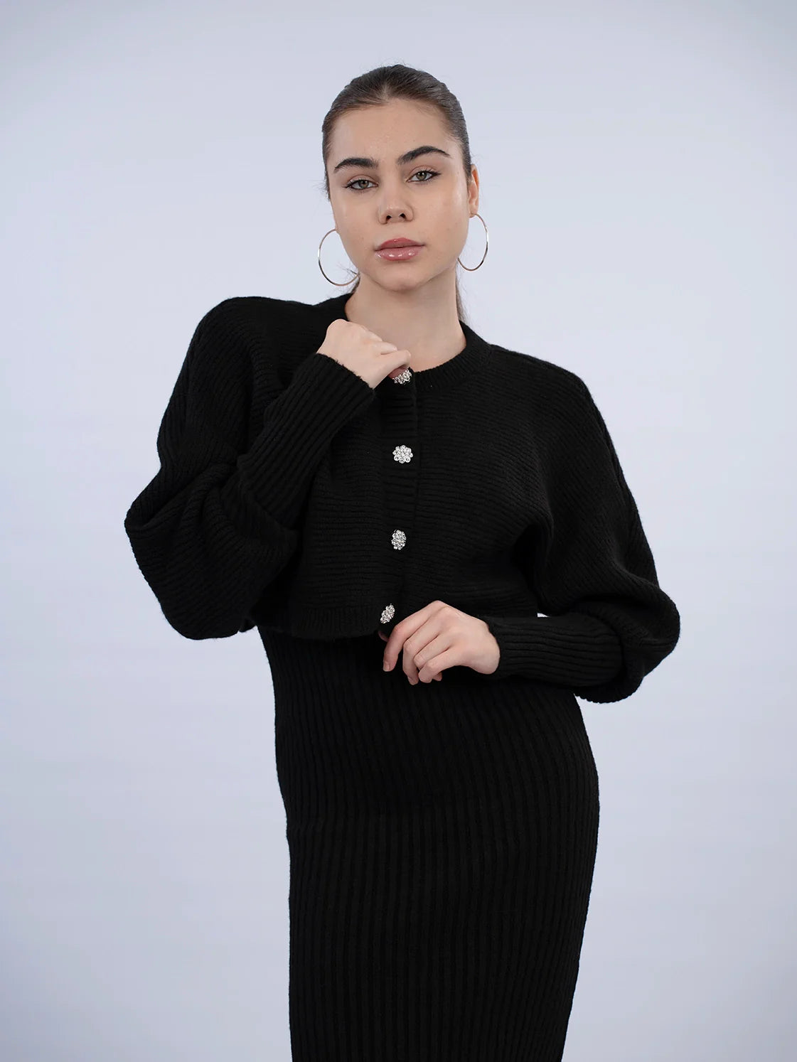 Black Dress With Cardigan Knit Wear Set