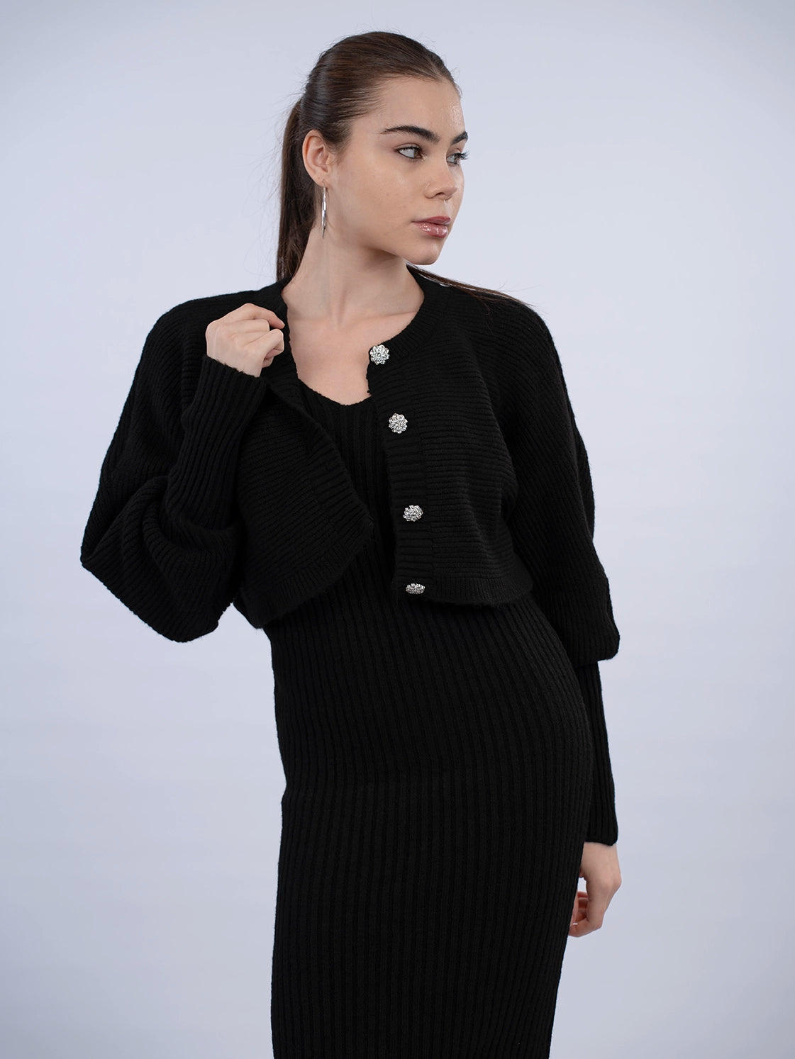 Black Dress With Cardigan Knit Wear Set