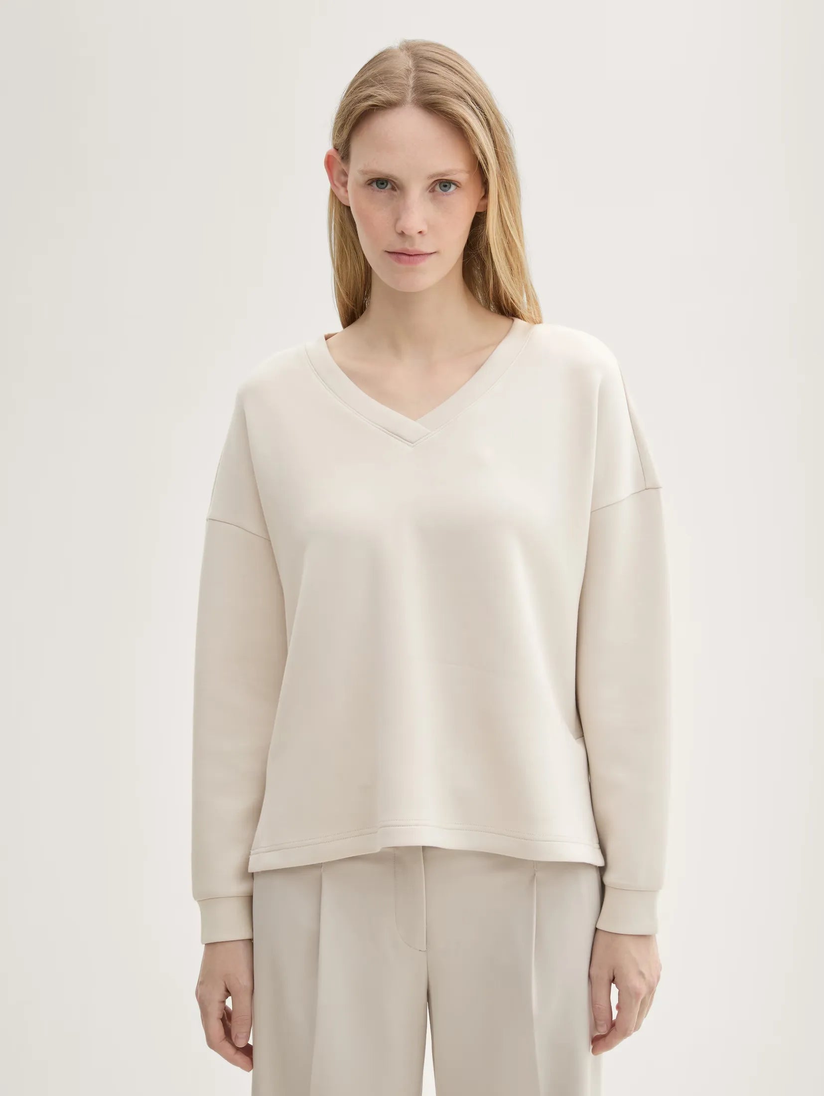 Tom Tailor Scuba V-Neck Beige Sweater