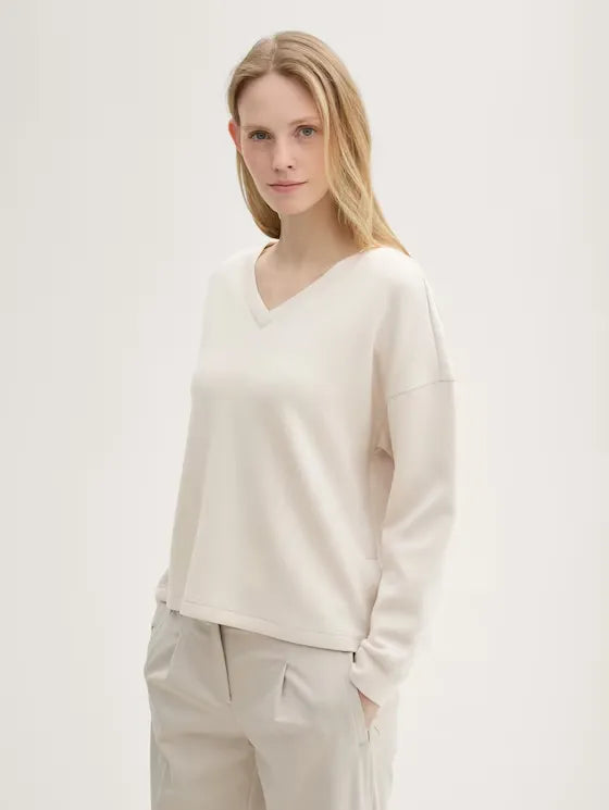 Tom Tailor Scuba V-Neck Beige Sweater