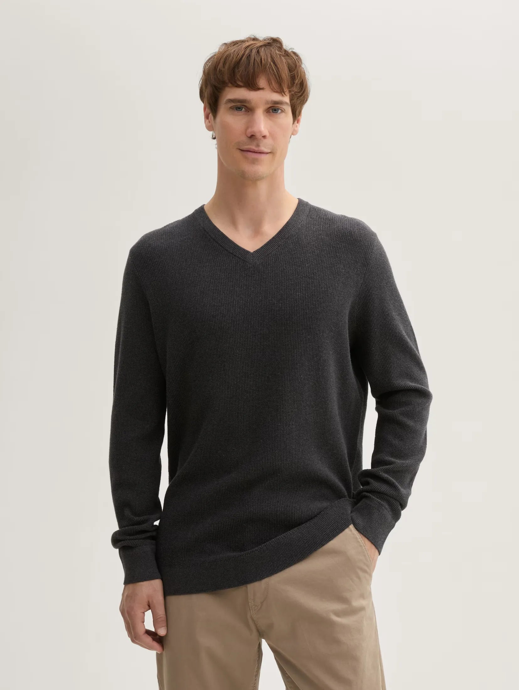 Tom tailor Textured V-Neck Black Grey Melange Sweater