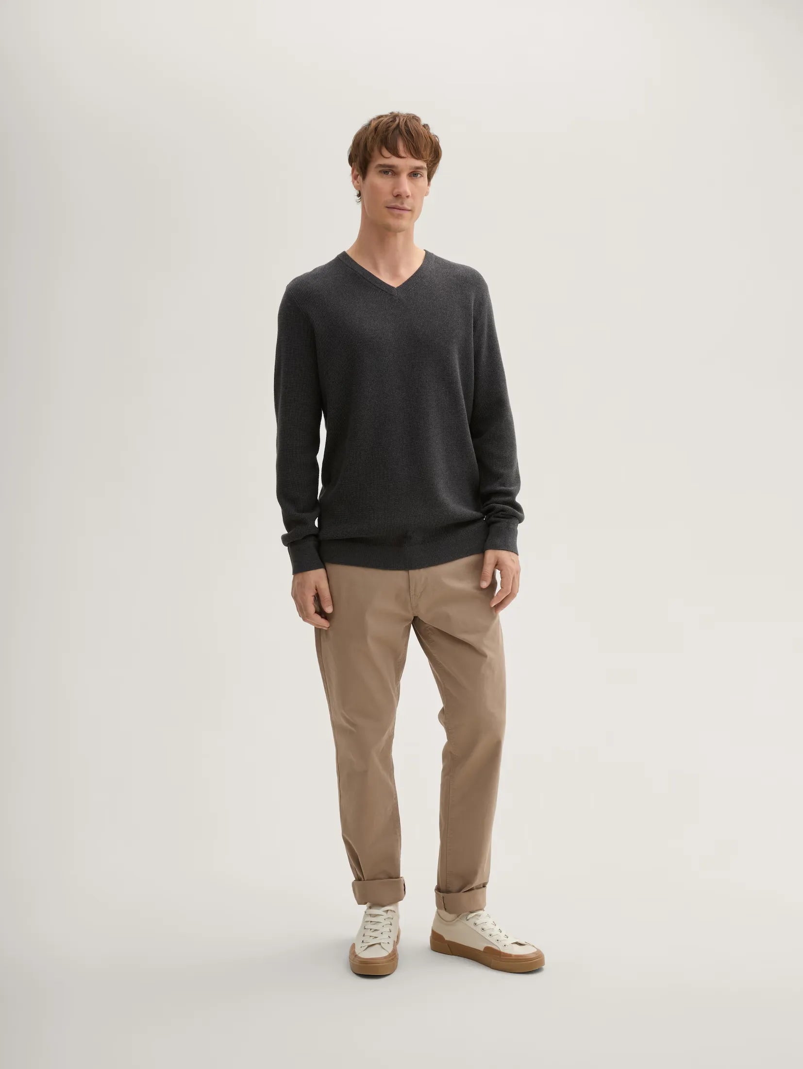 Tom tailor Textured V-Neck Black Grey Melange Sweater