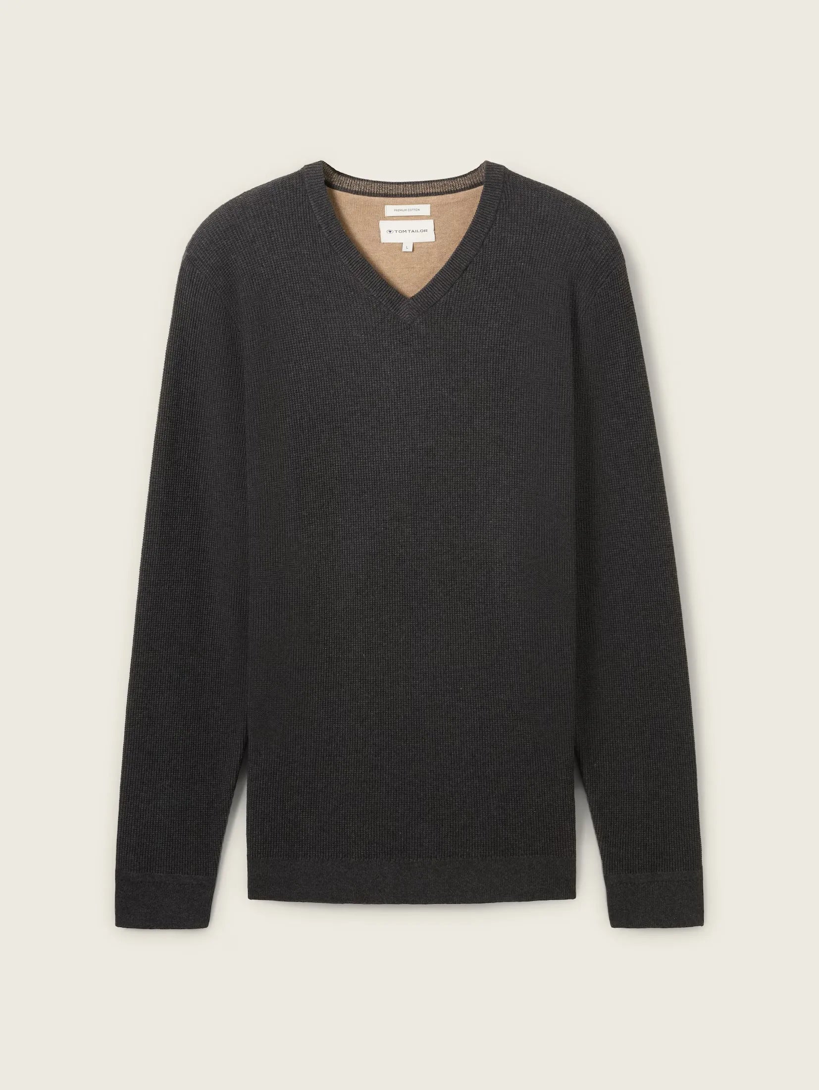 Tom tailor Textured V-Neck Black Grey Melange Sweater