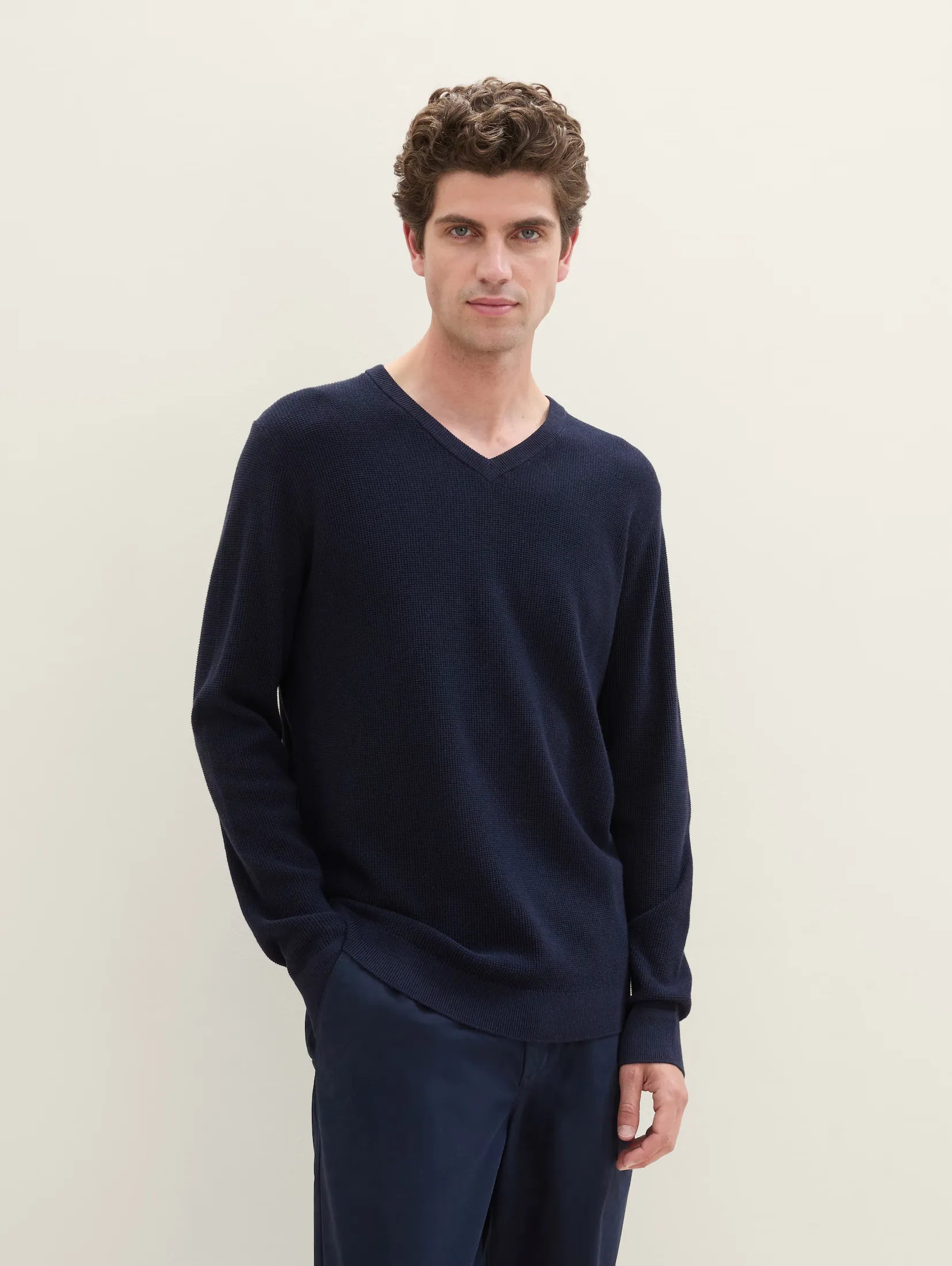 Tom tailor Textured V-Neck Navy Sweater