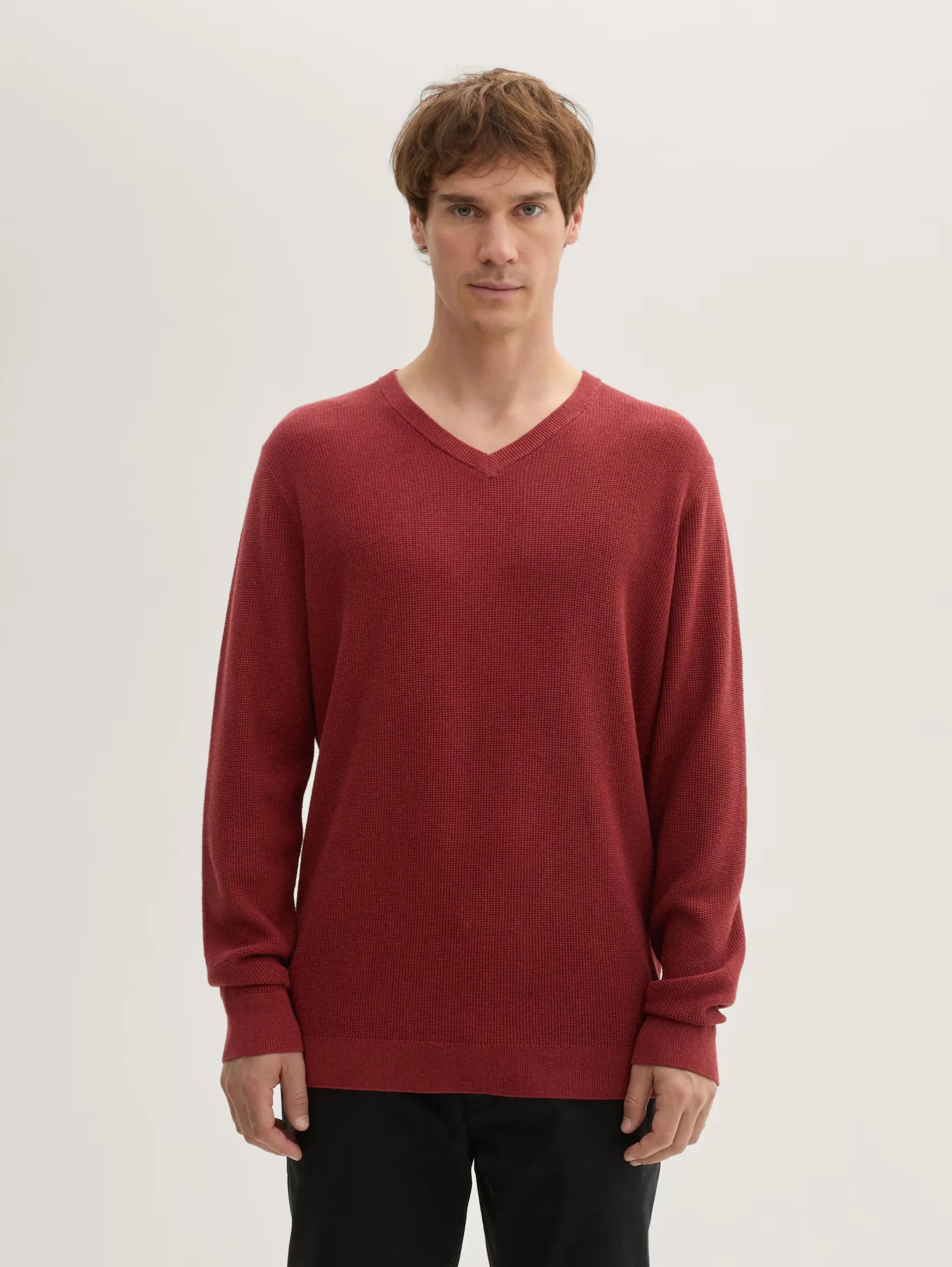 Tom tailor Textured V-Neck Red Sweater