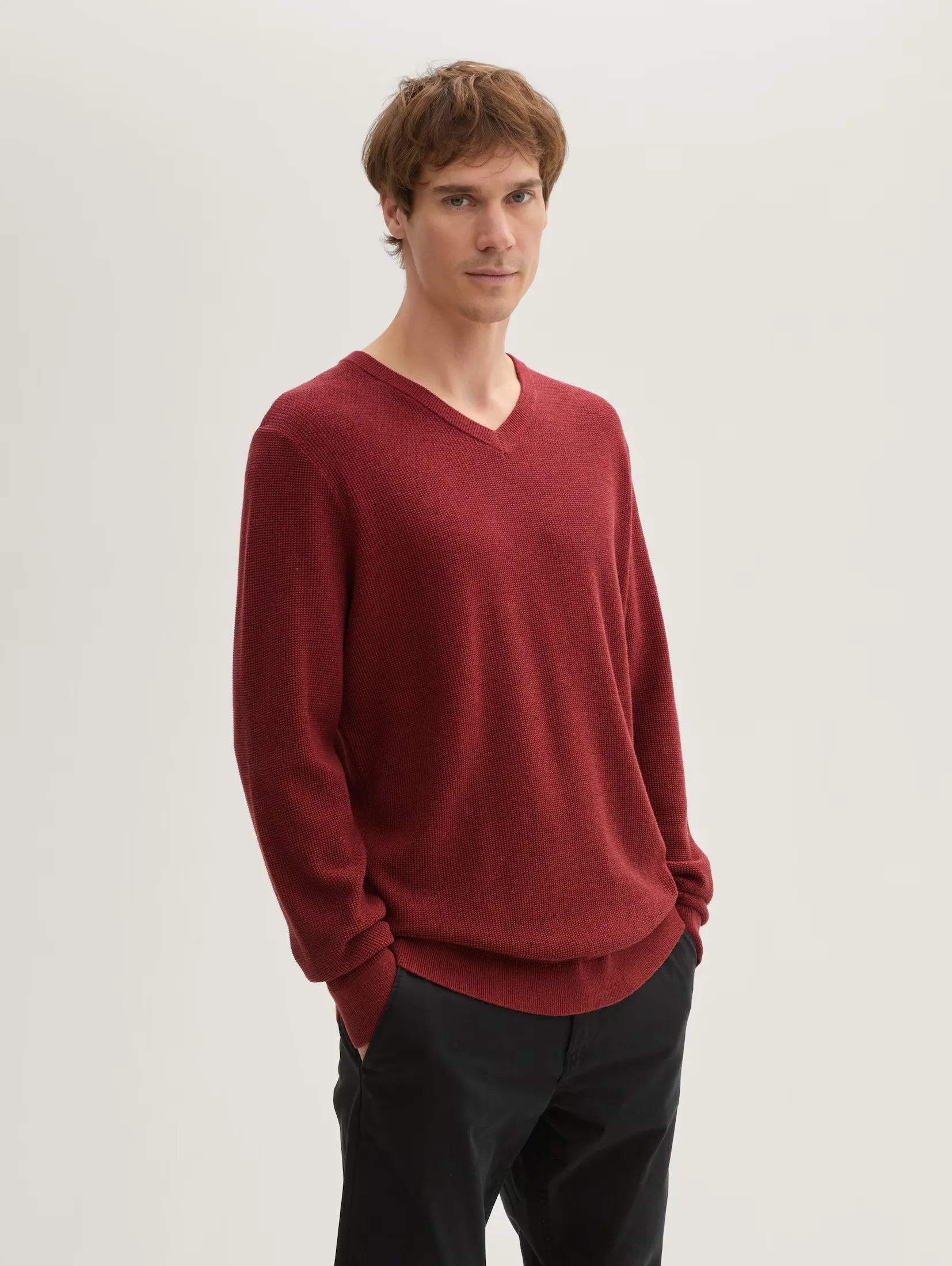 Tom tailor Textured V-Neck Red Sweater