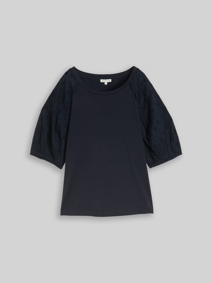 Tom Tailor Navy T-Shirt With Eyelet Embroidery