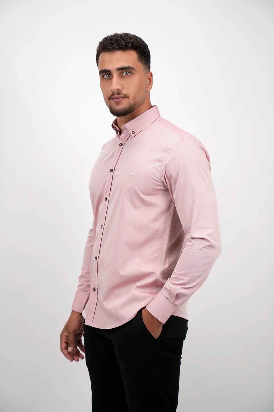 Dark Pink Long Sleeved Shirt With Black Button To Close