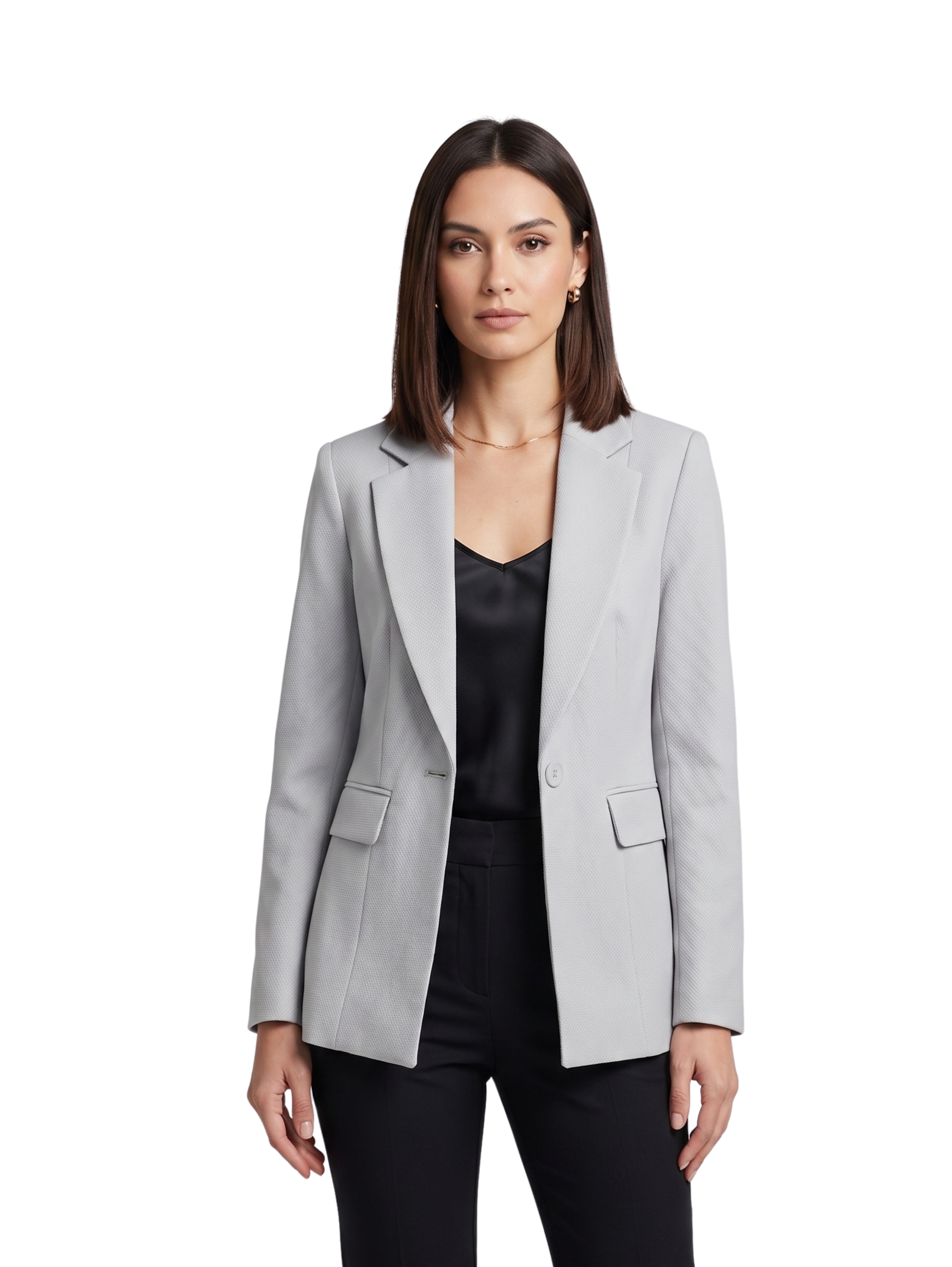 Grey Long Sleeved Slim Fit Blazer With Two Flap Pockets