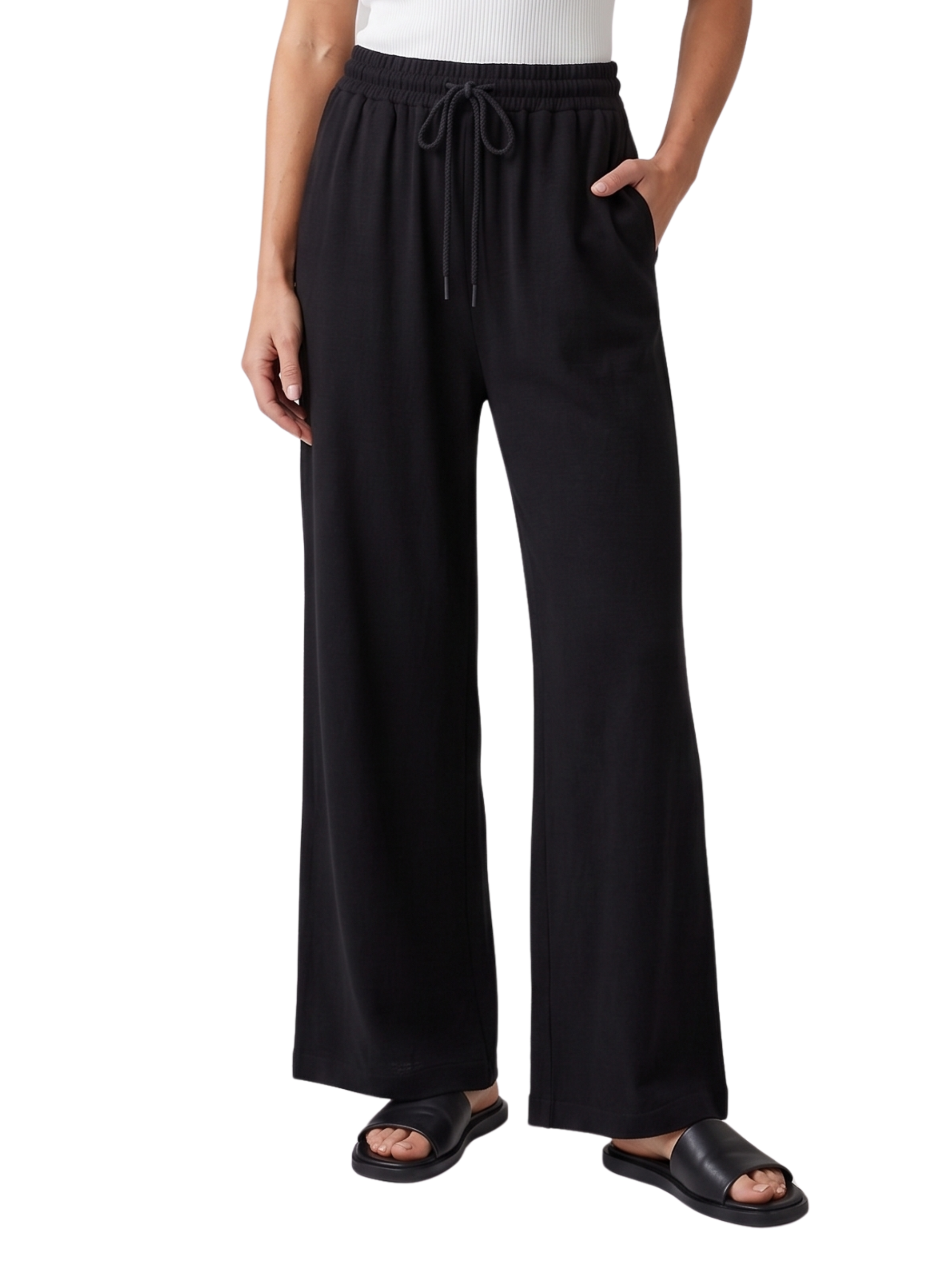 Black Wide Leg Drawstring Linen Pants