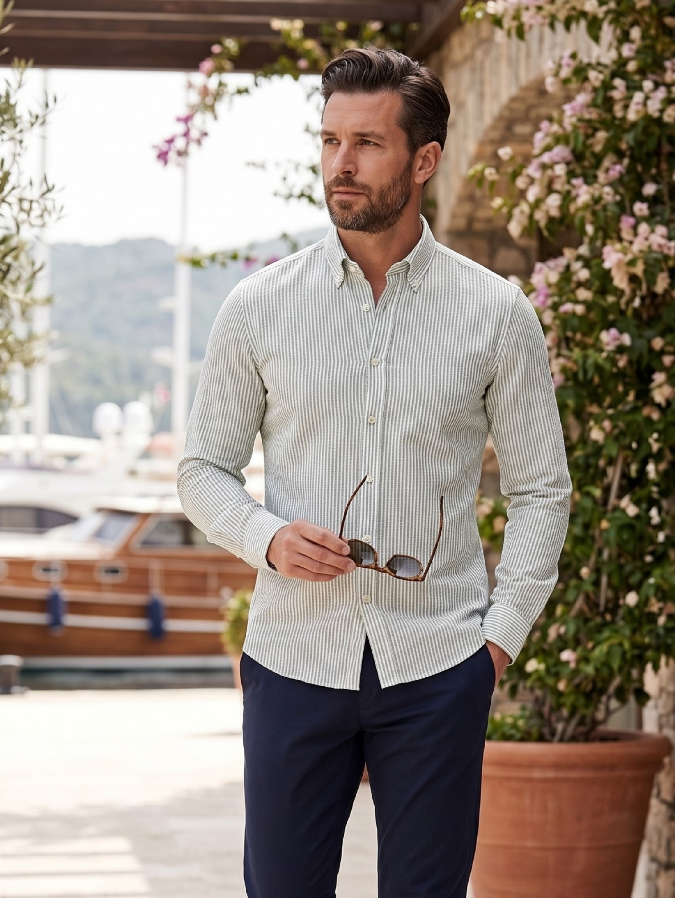 Green Long Sleeved Linen Striped Slim Fit Shirt