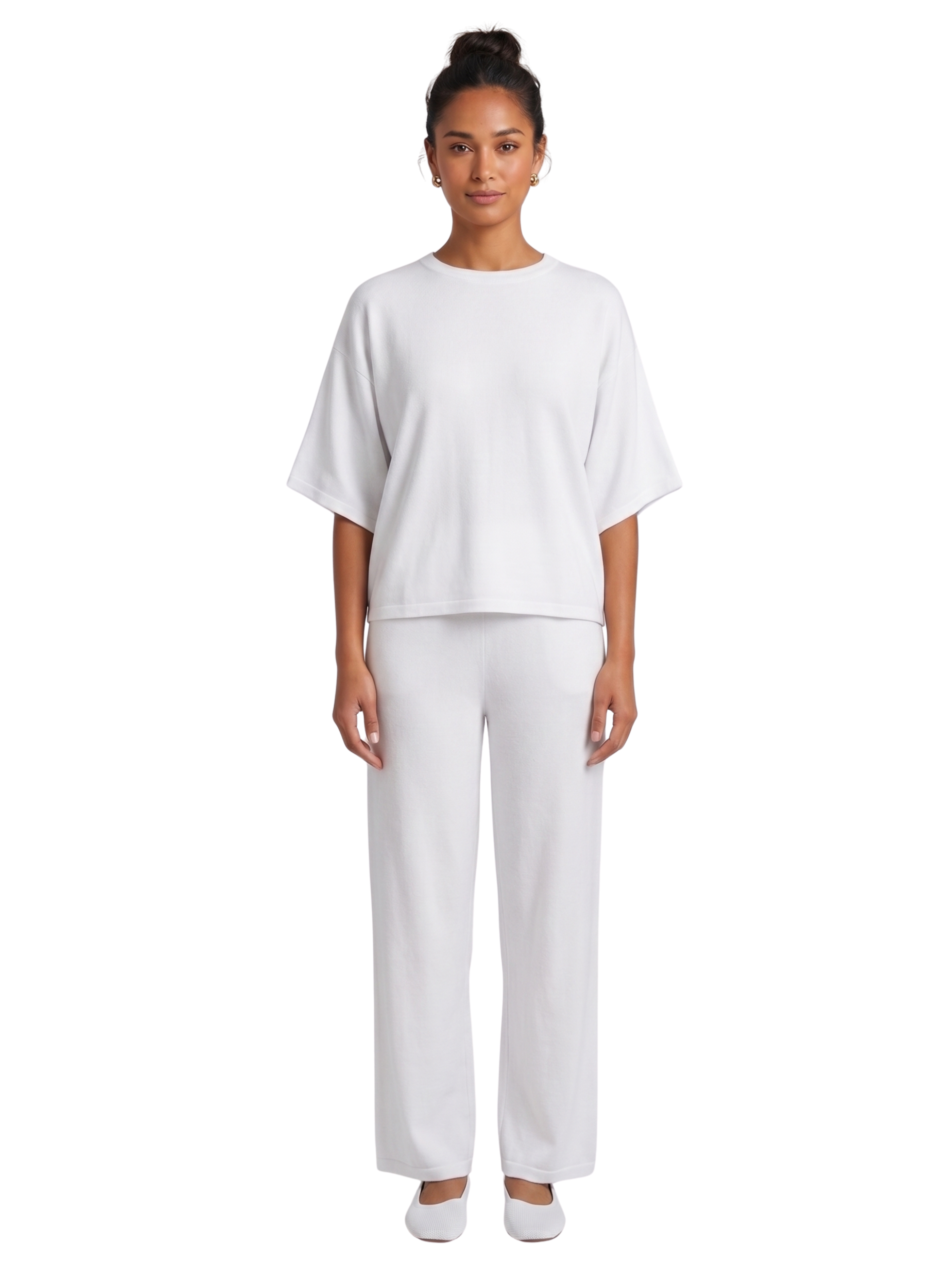 White Two Piece Round Neck Pants Set